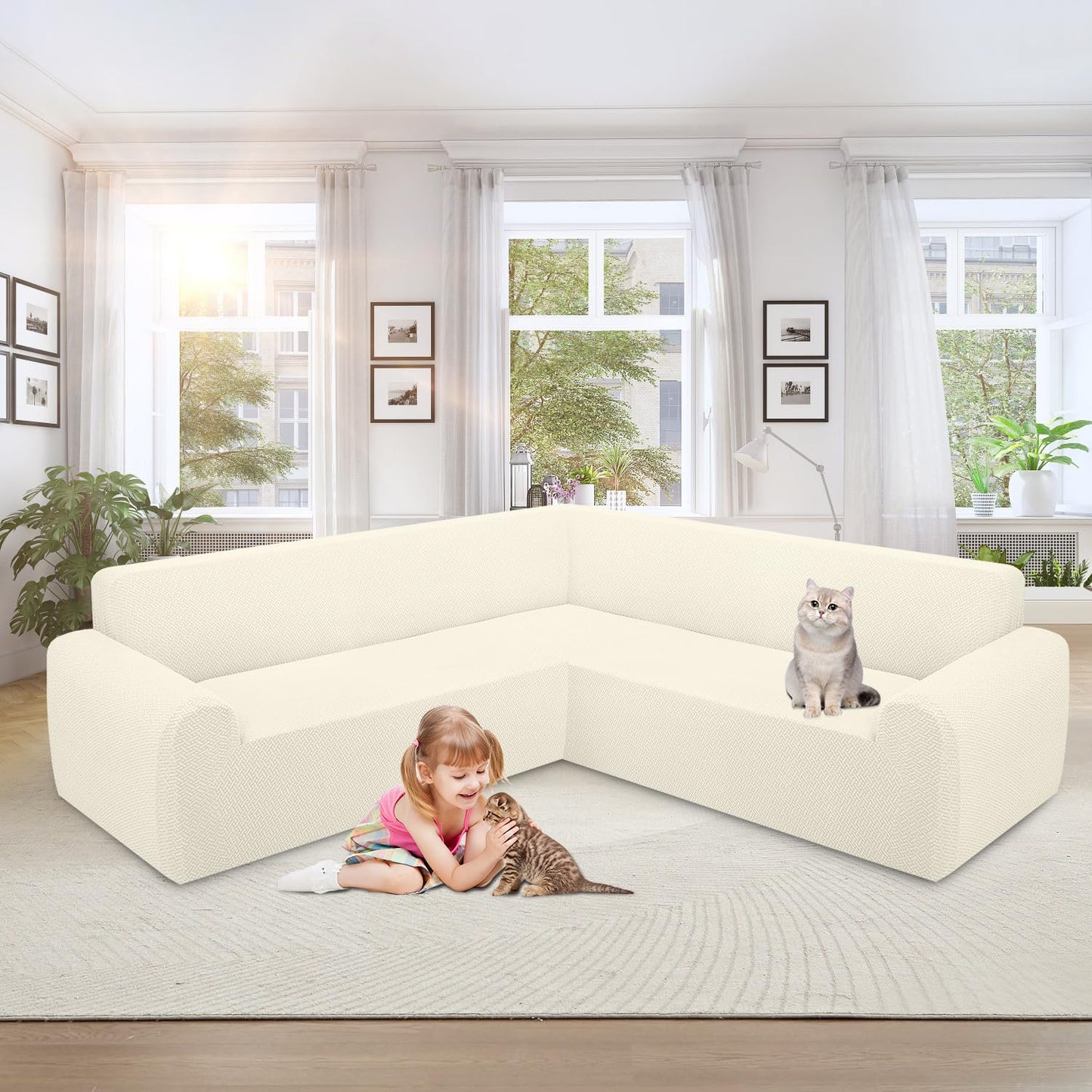 ALIECOM Stretch Corner Sectional Couch Covers L Shape Sofa Covers Washable Sectional Slipcovers U Shape Jacquard Living Room Pet Dogs Furniture Protector with Elastic Bottom (Ivory, Large)