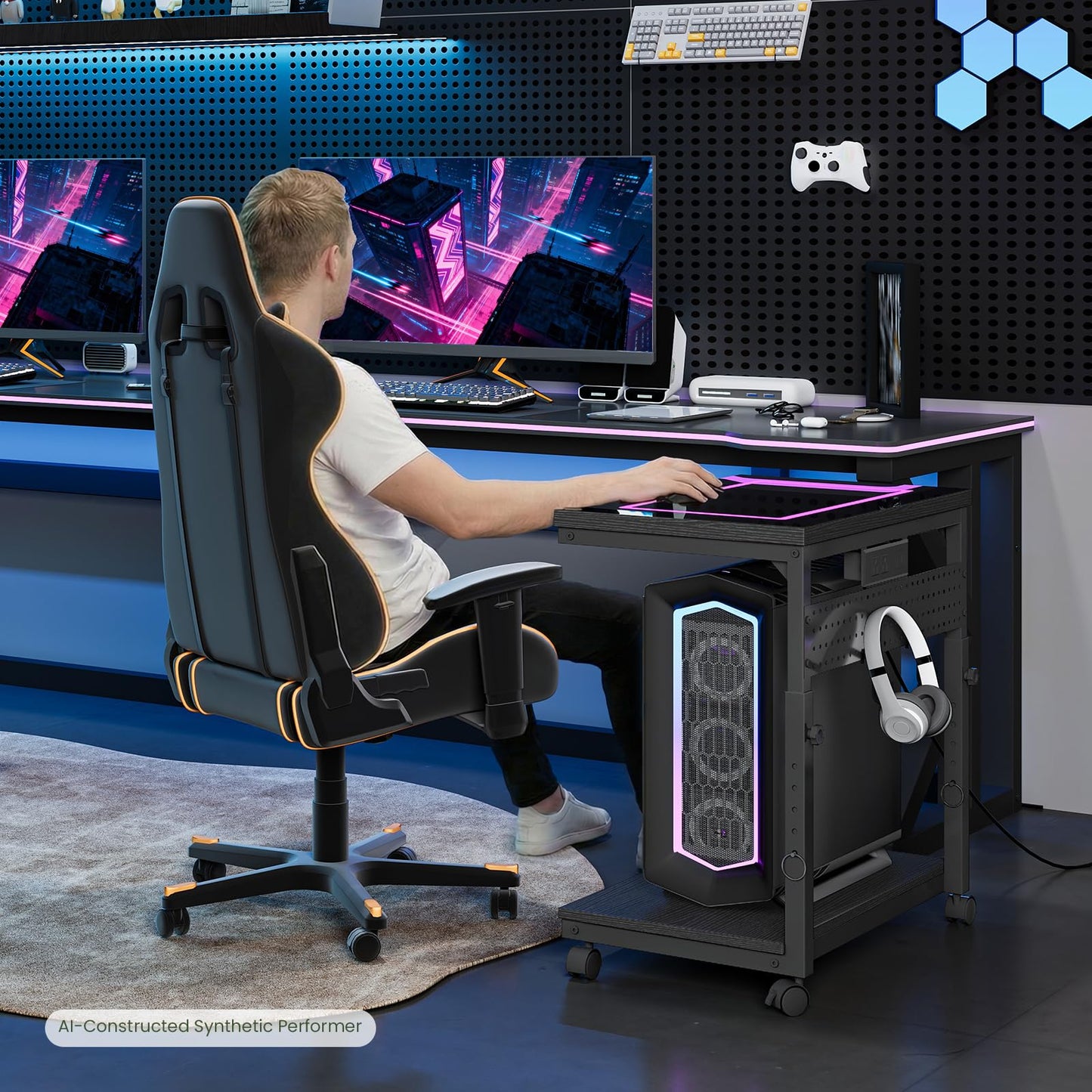 CHOEZON 31.5" Large Computer Tower Stand with Power Outlet, Under-Desk PC Cart with 2 Hooks, PC Stand with LED, Height Adjustable PC Tower Holder on Wheels, for Living Room, Office, Black TCJ51UDBB
