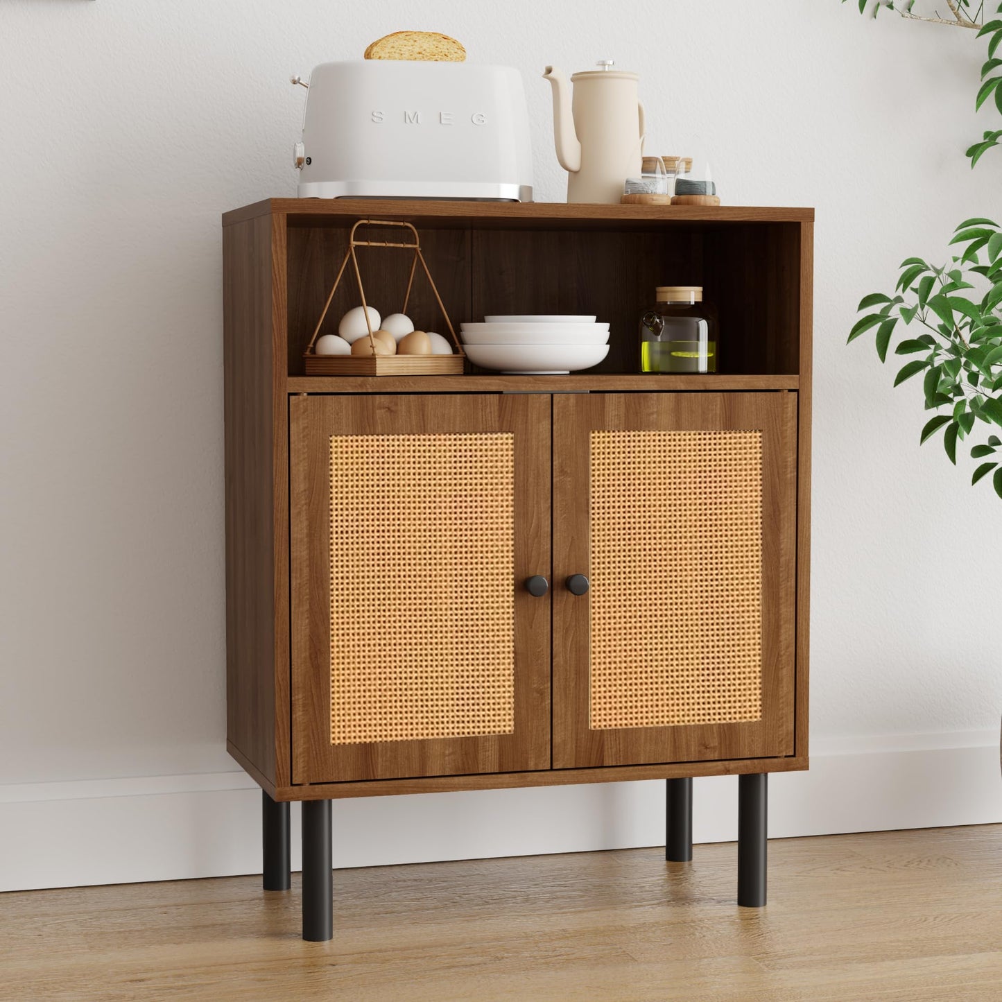 DongRong Rattan Storage Cabinet, Boho Accent Cabinet with Double Doors, Small Freestanding Sideboard for Hallway, Laundry Room,Kitchen, Dining Room, Entryway (Walnut)