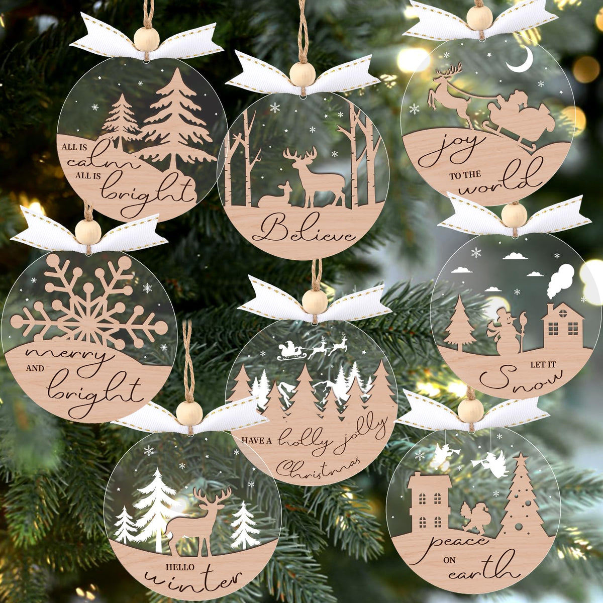 GuassLee 28pcs Winter Christmas Hanging Ornaments for Tree - 3D Wooden Acrylic Christmas Cutouts Reindeer Snowman Snowflake Ornaments for Xmas Tree Gifts Winter Party Supplies