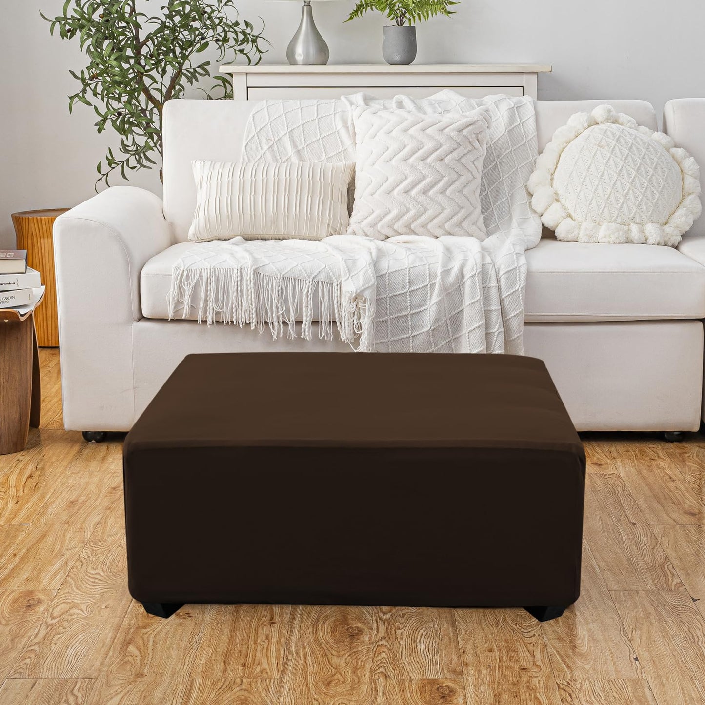 UOIJAY Super Stretch Ottoman Cover- Soft Form Fit Ottoman Cover Rectangular Ottoman Slipcovers for Folding Storage Furniture, Footstool Cover with Nonslip Elastic Bottom (Large, Chocolate)
