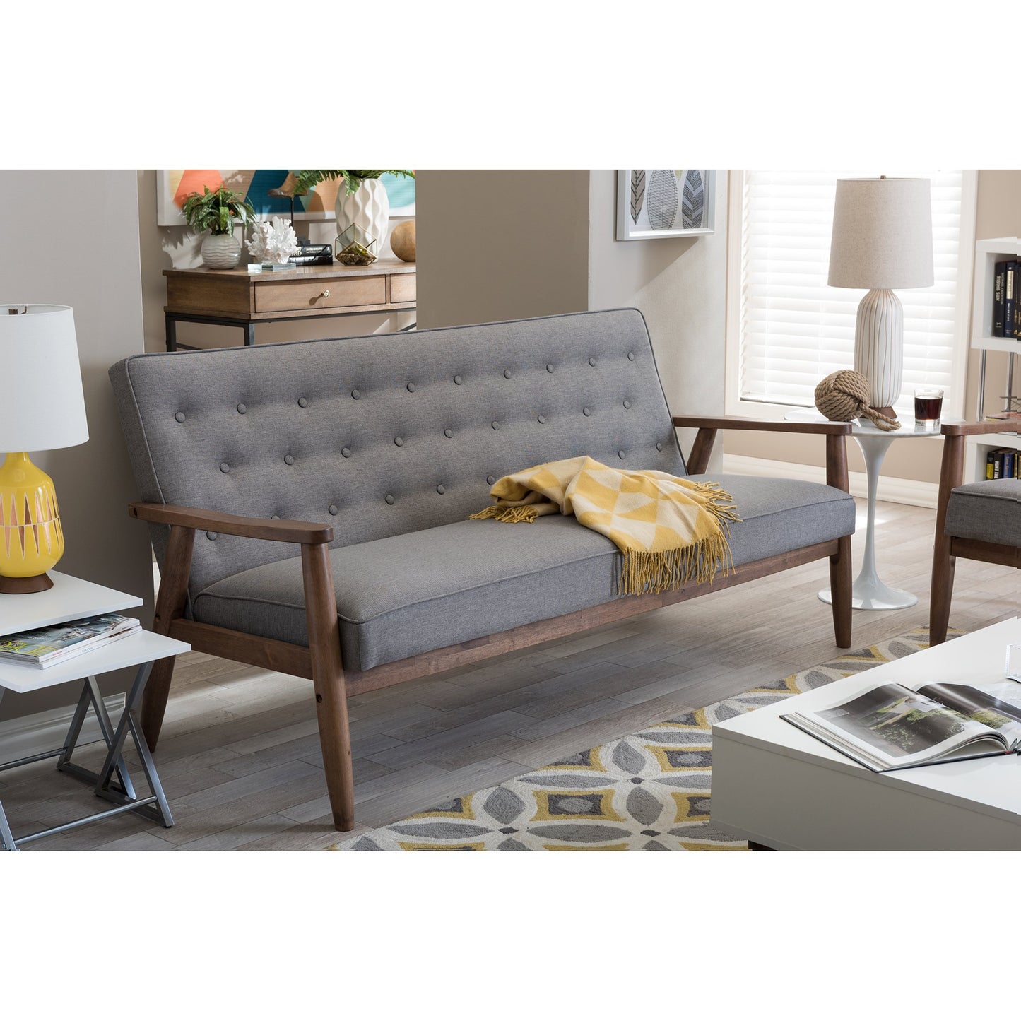 Baxton Studio Sorrento Mid-Century Retro Modern Fabric Upholstered Wooden 3-Seater Sofa, Grey 70.59 x 29.45 x 32.96