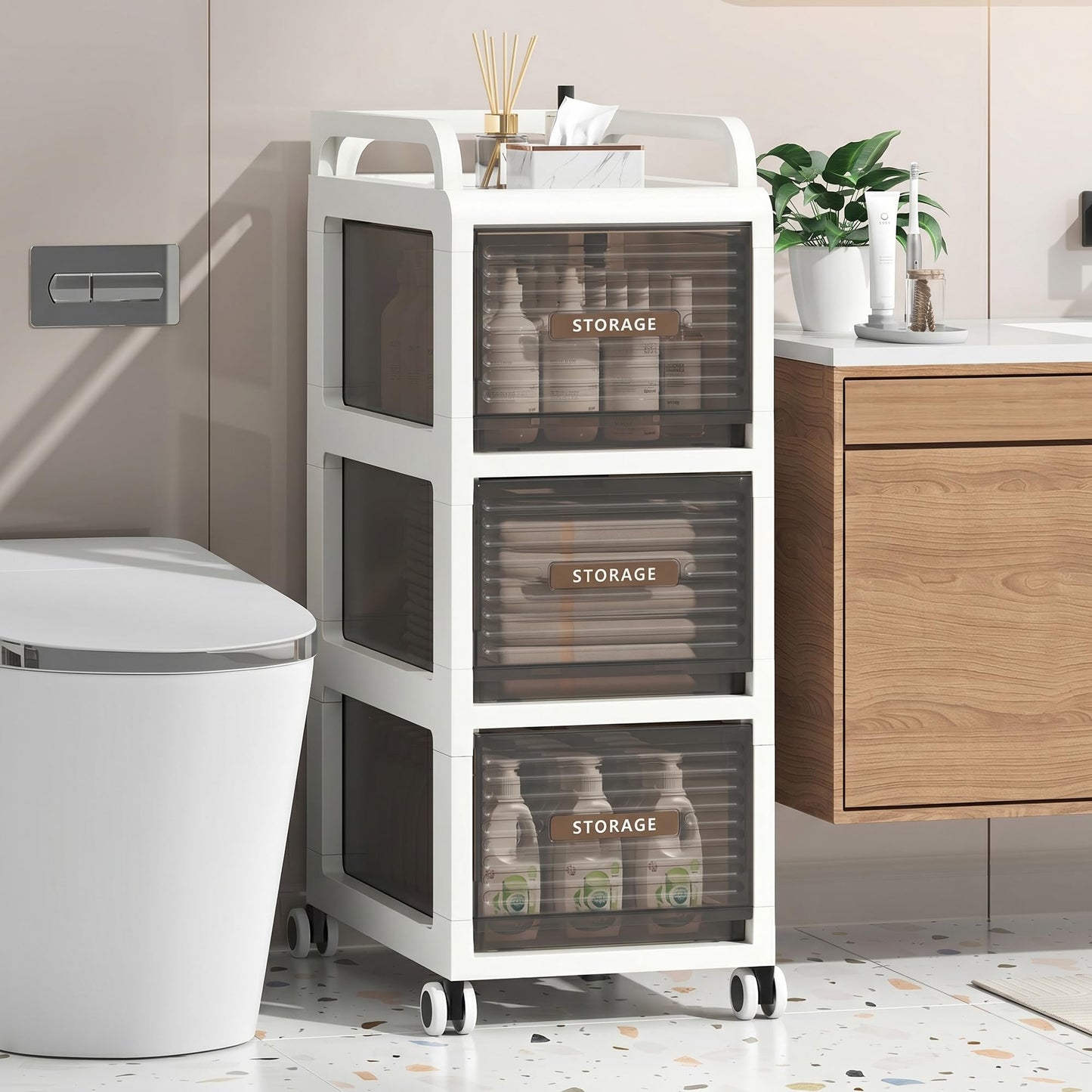 ZHYOCOGY Bathroom Storage with Drawers, 11.8" Wide Wide Slim Storage Cabinet with Wheels for Small Spaces, Narraw Cart for Kitchen Office Bedroom Dinning Room Under Desk, 29.7" Tall