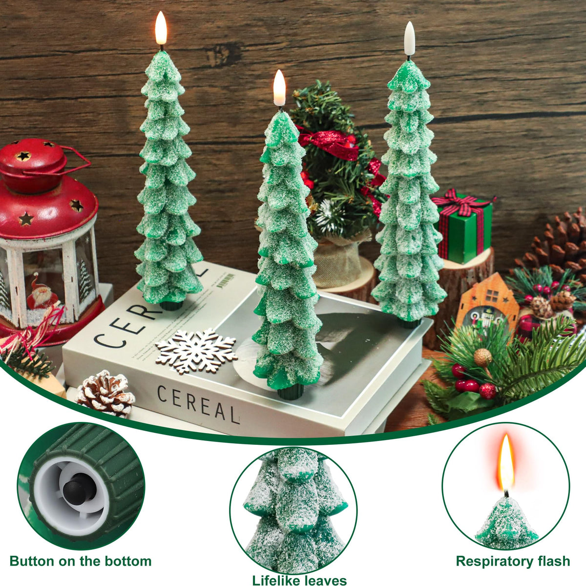 4 PCS Christmas Tree Candles with Remote Timer 10 Inch LED Flameless Taper Candles Wax Battery Operated Candlesticks Green Window Candle with 3D Wick Flickering for Xmas Holiday Gifts Party Home Decor