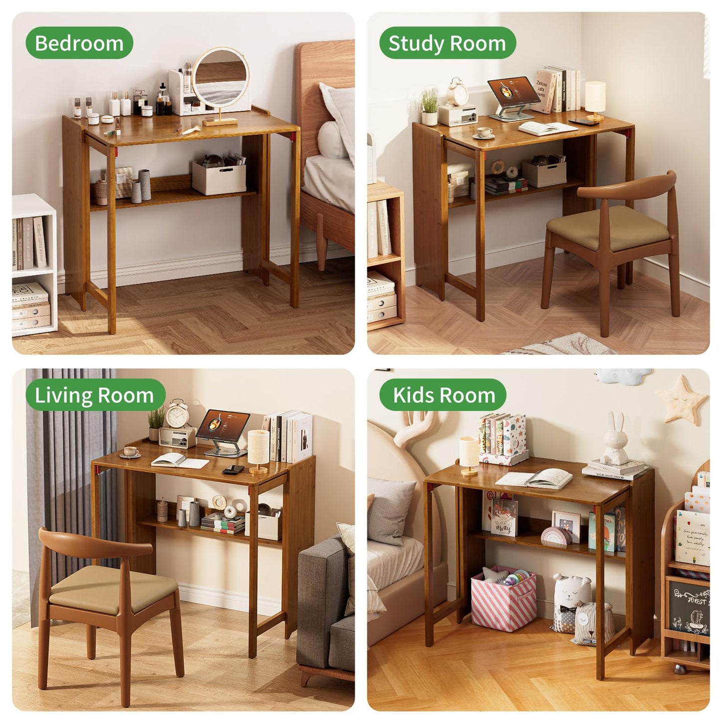 Dezyfurni Bamboo Foldable Desk, Folding Desks for Small Spaces, Mid Century Small Computer Desk with Bookshelf for Bedroom Home Office, Brown