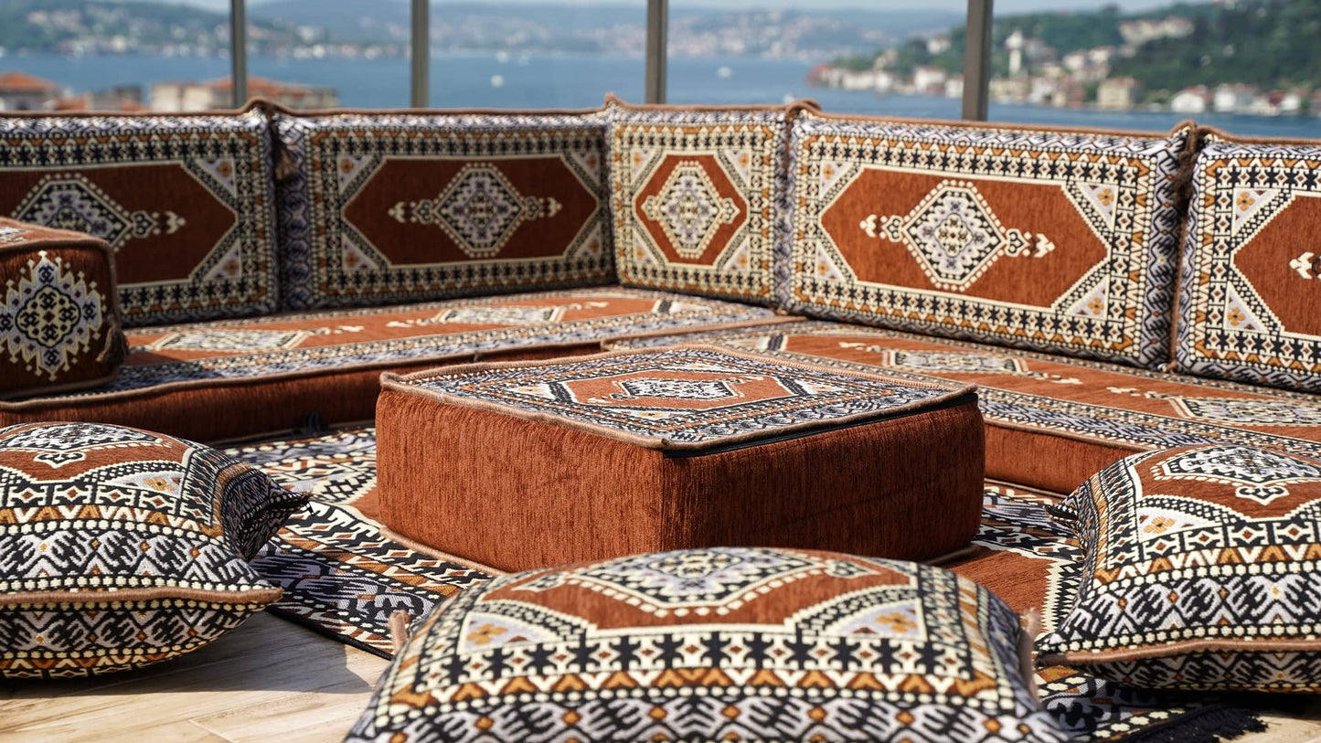 L Shaped Arabic Floor Cushions, Sectional Sofas, Arabic Majlis Set, Custom Made Sofa, Arabic Sofa Set, Seating Cushions (4'' Thickness Sofa, L Sofa Full Set, Brown)