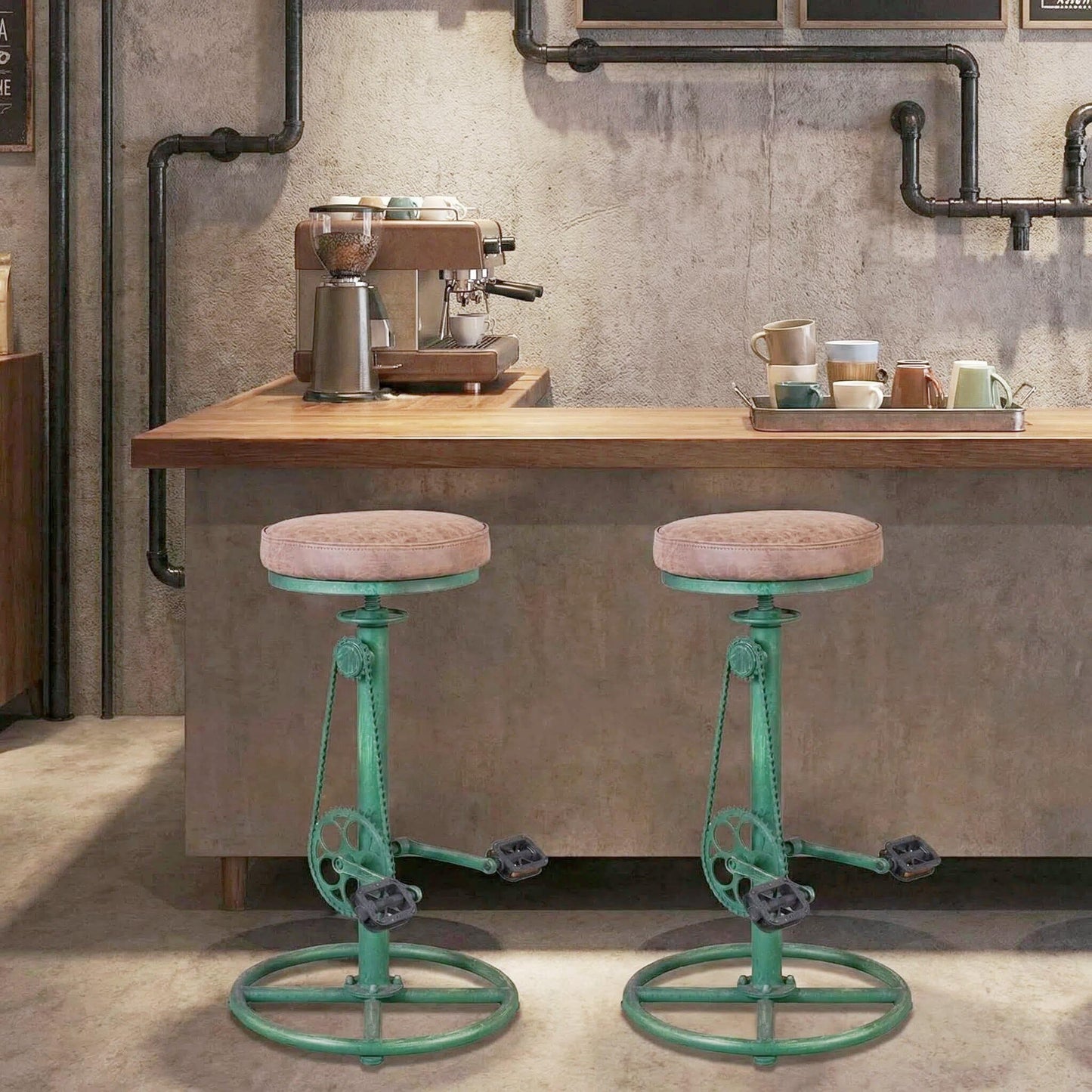 Topower Vintage DIY Bar Stool Bicycle Chain Iron Pedal Retro Industrial Height Adjustable Bicycle Wheel Design bar Chair Set of 2 Antique Green