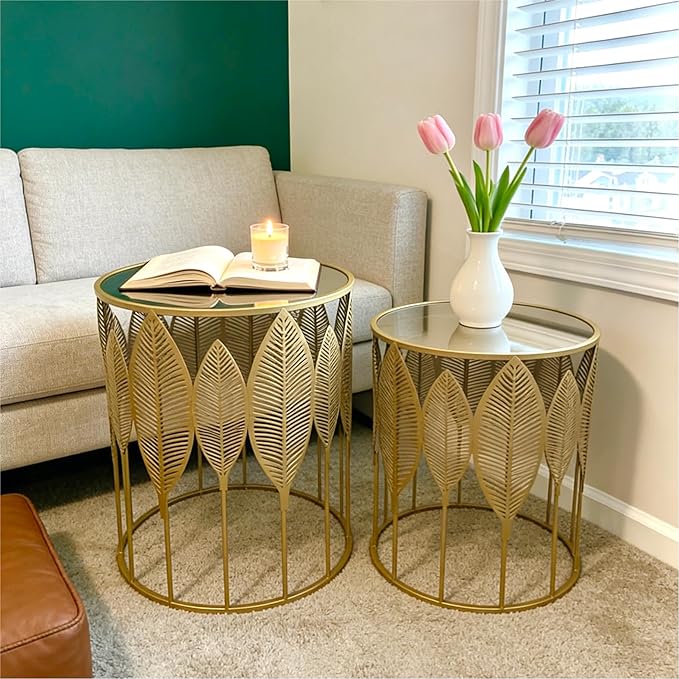 Homebeez Gold Nesting Tables Set of 2, Glam Leaf Design Round End Table