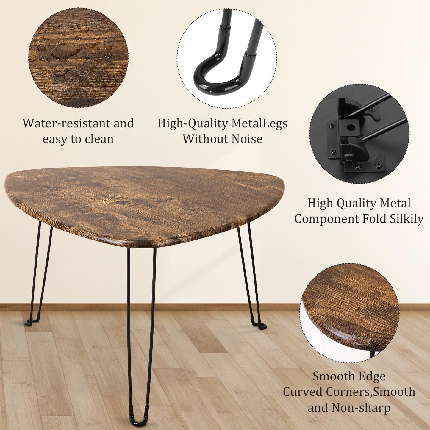 FEUFOAM Folding Coffee Table Triangle Designs Oval Coffee Tables Mid Century Wooden Triangular Accent Table with Metal Legs Foldable Industrial Sofa Center Table for Living Room Space Saving