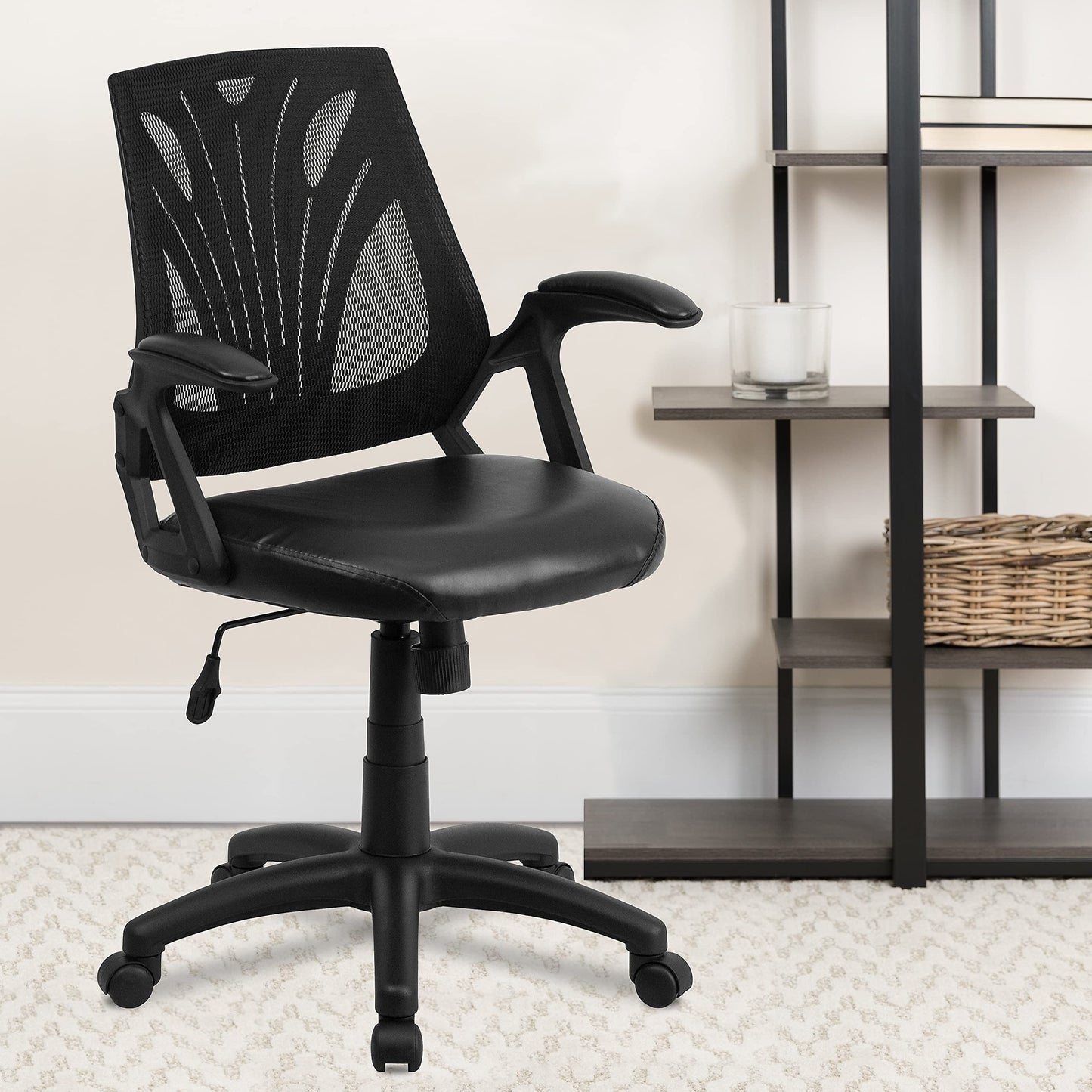 Flash Furniture Sam Mid-Back Designer Black Mesh Swivel Task Office Chair with LeatherSoft Seat and Open Arms
