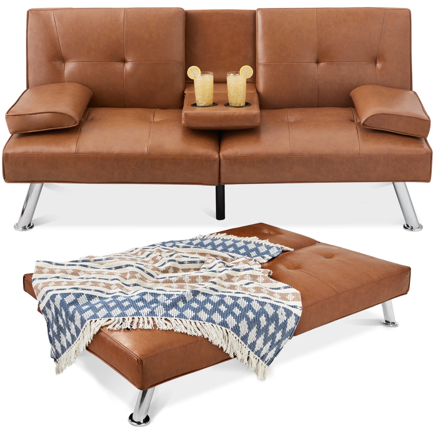 Best Choice Products Faux Leather Upholstered Modern Convertible Futon, Adjustable Folding Sofa Bed, Guest Bed w/Removable Armrests - Tan