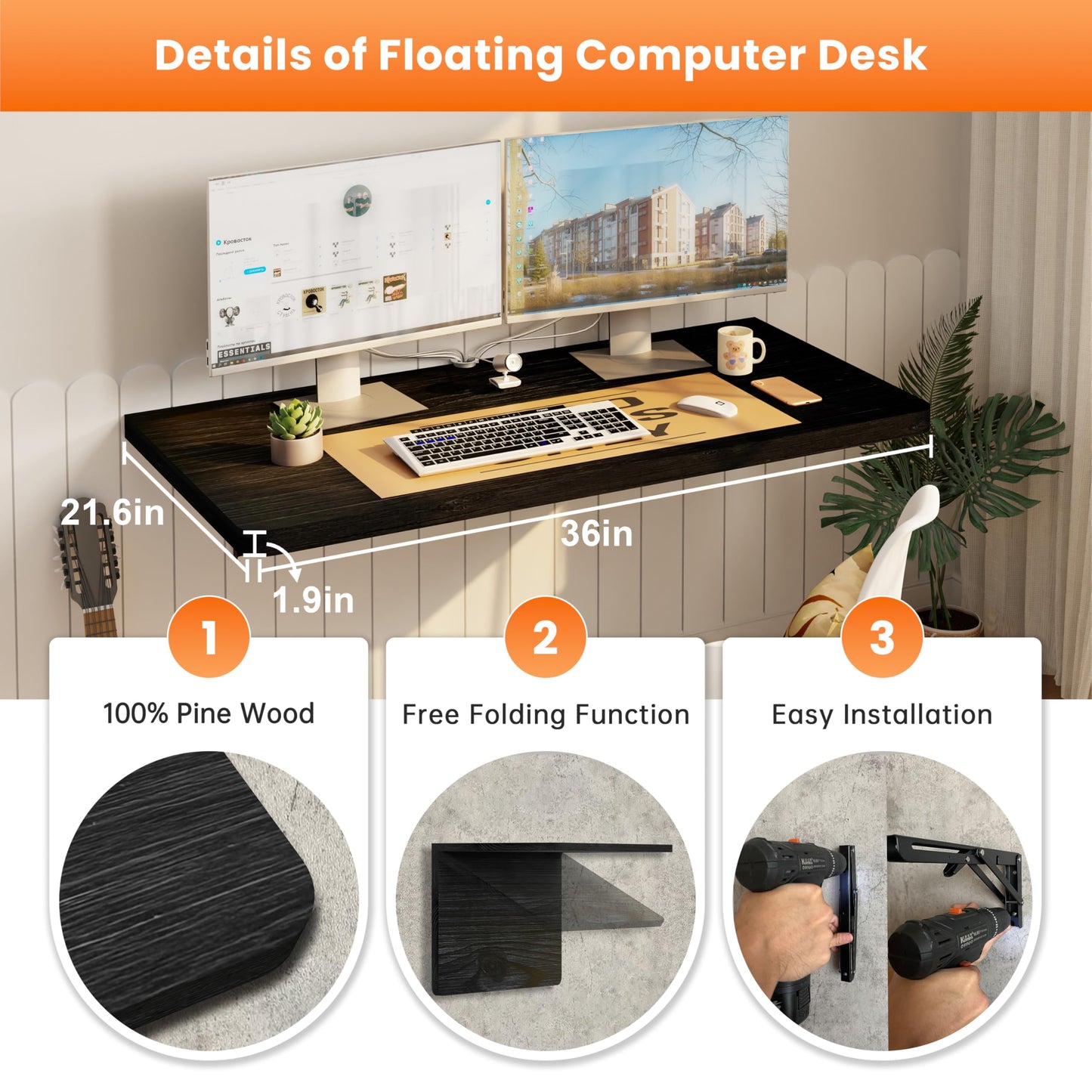 IAE Floating Wall Mounted Folding Table Desk with Pine Wood,36" x 22" Folding Workbench,Fold Down wall Mounted Foldable Table with Shelf Brackets,Laundry Folding Table for Apartment,Home,Kitchen,Black