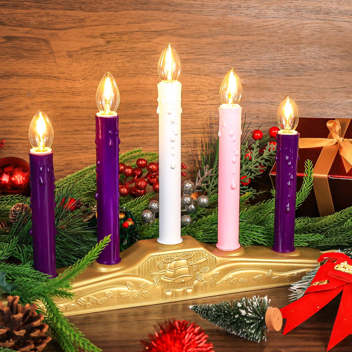 AFOROEOA 5 Light Christmas Electric Window Candles, Christmas Flameless Advent Candle Set with Purple Pink White Taper Candles 5 Bulbs 3ft Wire E12 Candelabra Base Window Candle for Home Table Decor