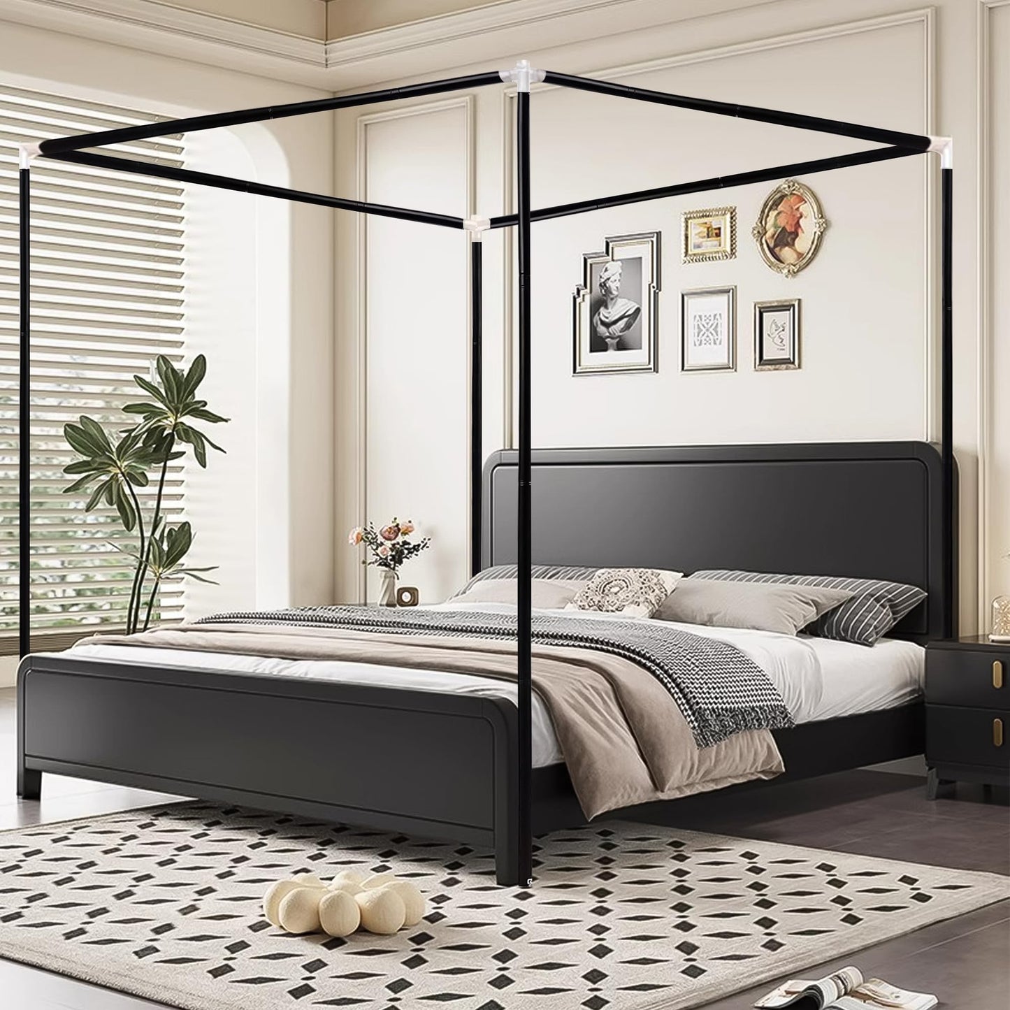 Jondow Stainless Steel Canopy Bed Frame Full Size, Sturdy Post Poles Thicken Full Size Canopy Frame for Metal Bed Wood Bed Bedroom Decor, Black