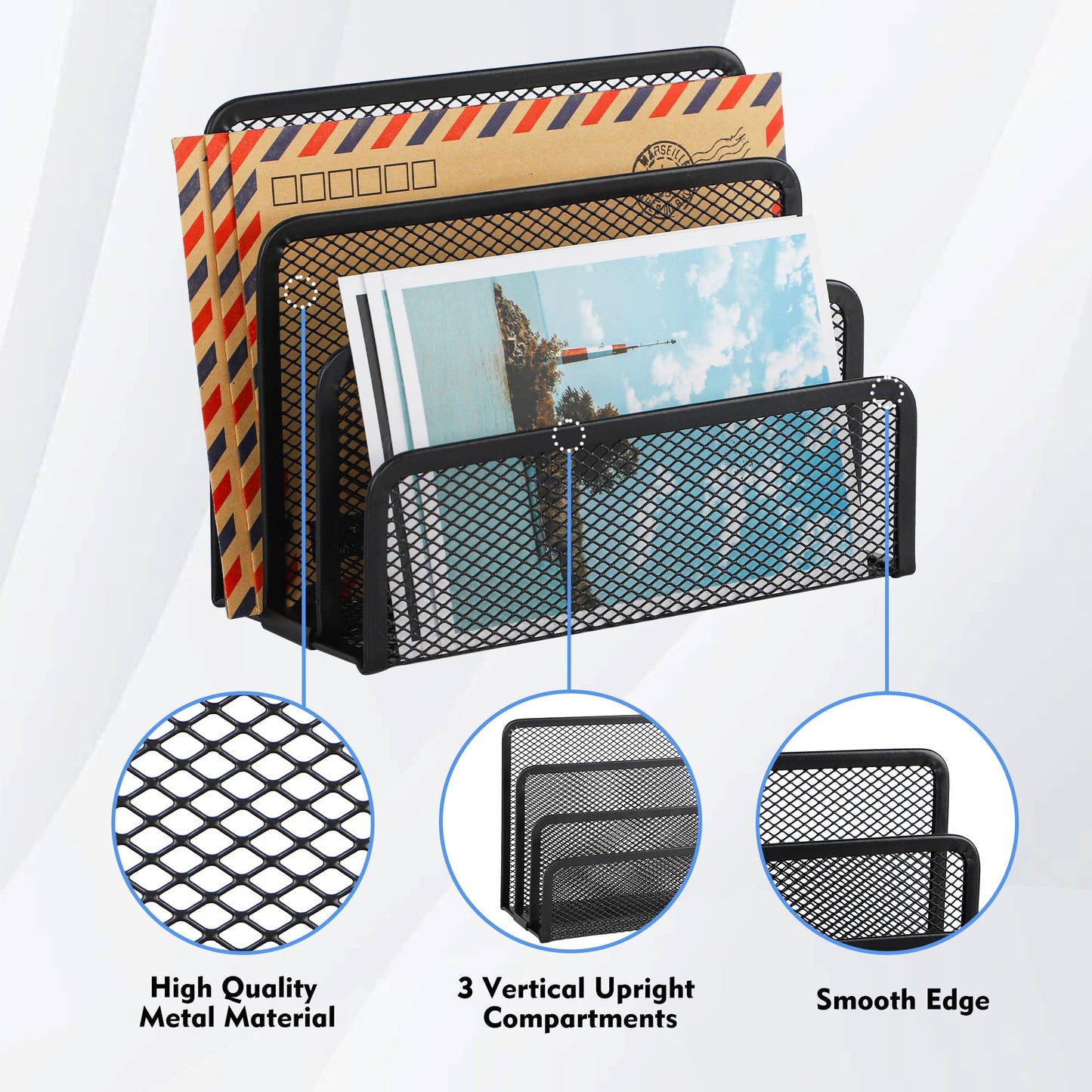 EASEPRES Desk Mail Organizer, Office Small Desktop Metal Mesh Envelope Letter Sorter Paper File Holder Organizer with 3 Vertical Upright Compartments, Black 1 Pack