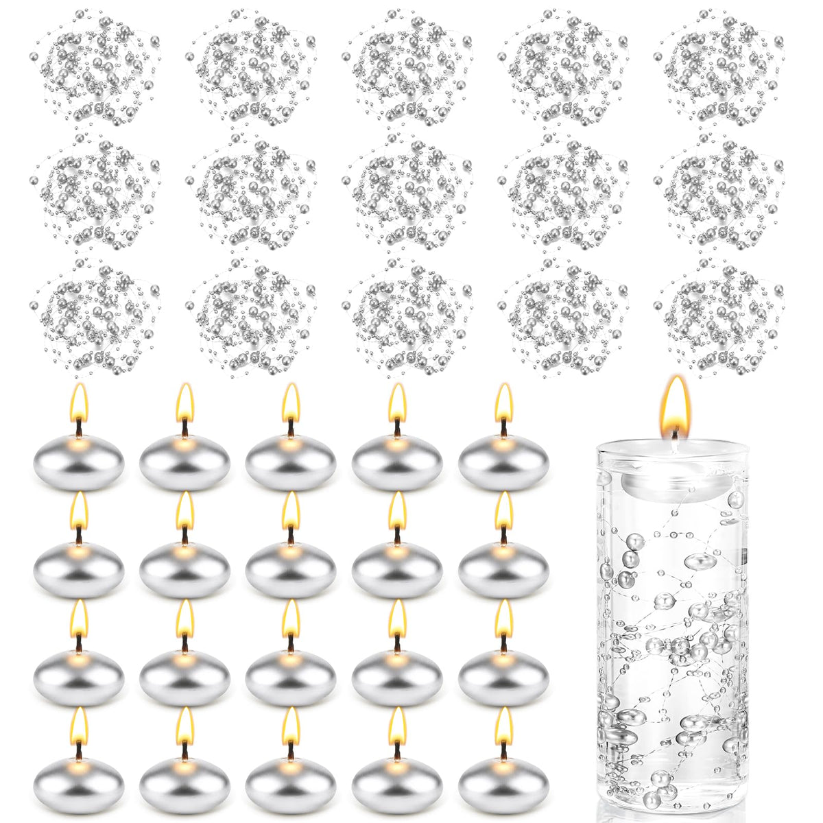 Fumete 40 Pcs Silver Wedding Floating Candles with Pearl Strings, Small Unscented Floating Candles for Centerpieces, Anniversary, Romantic Dinner, Engagement, Spa Bathroom, Home Decoration