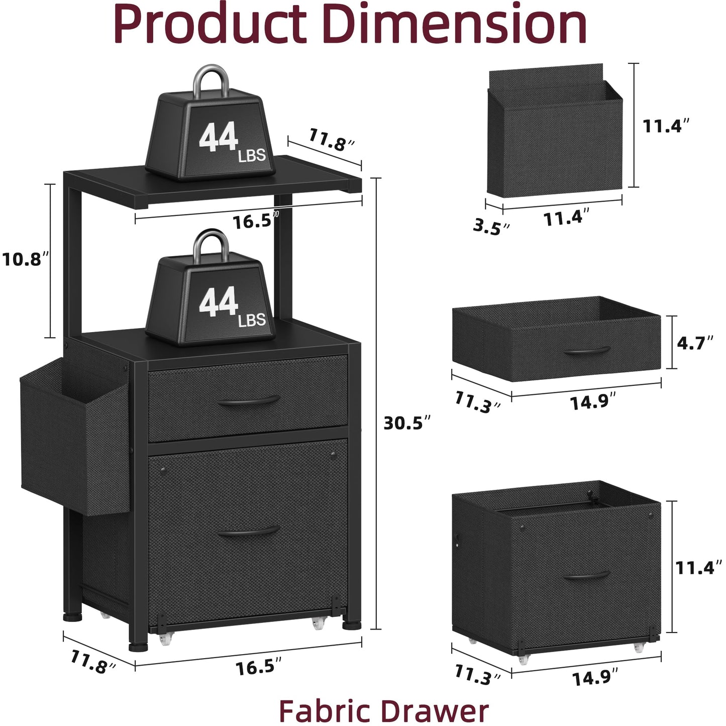 HIGDBFE File Cabinet with 2-Tier Shelf, Letter Size Drawer Filing Cabinet with Reversible Side Bag, Vertical Office Cabinet Printer Stand with Storage for Home Office, Black, 16.5" W
