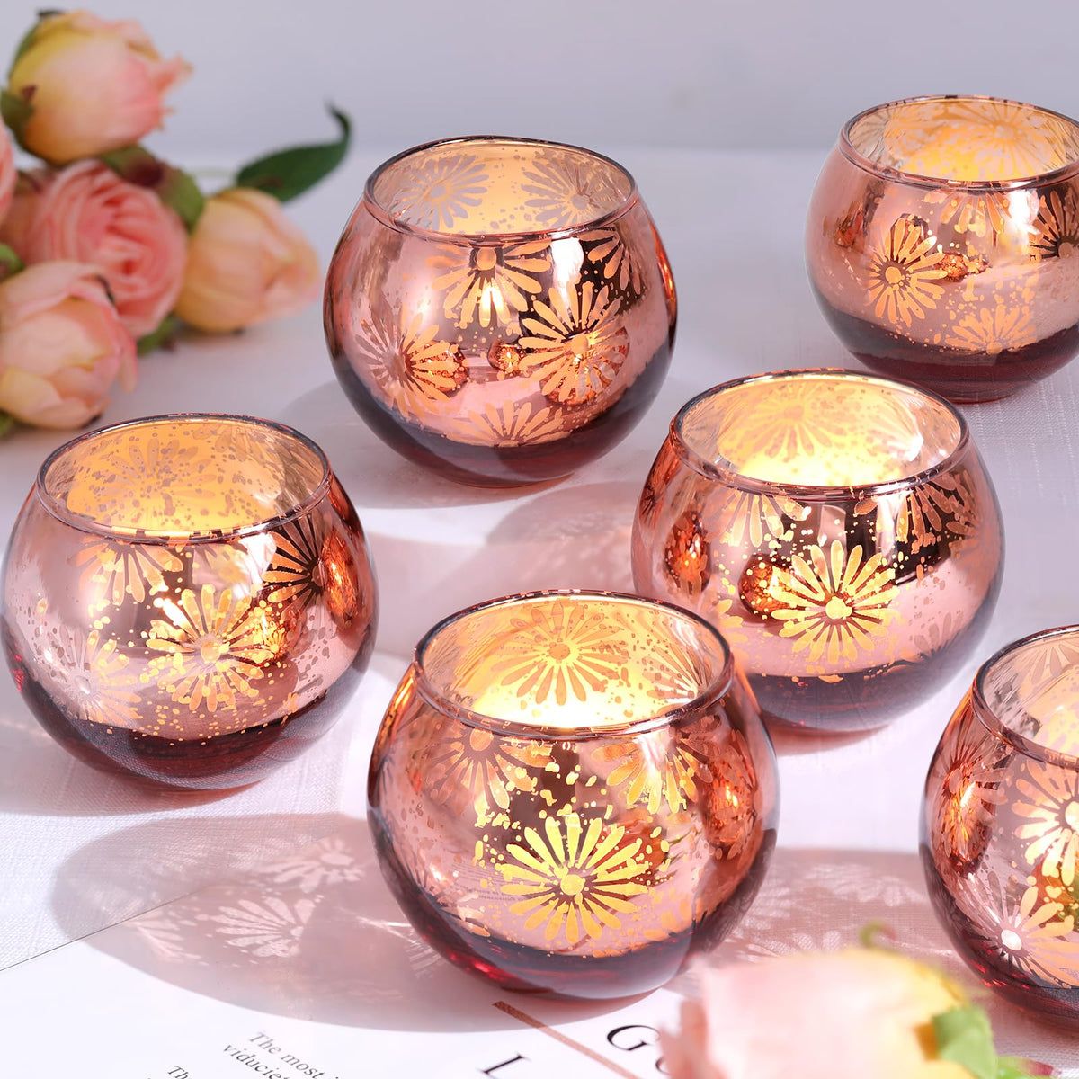 sunnyfuture Pink Mercury Glass Votive Candle Holders Set of 12, Round Tealight Candle Holders for Table Centerpieces, Weddings, Shower Gifts, Valentine's Day, Mother's Day, Party Decorations