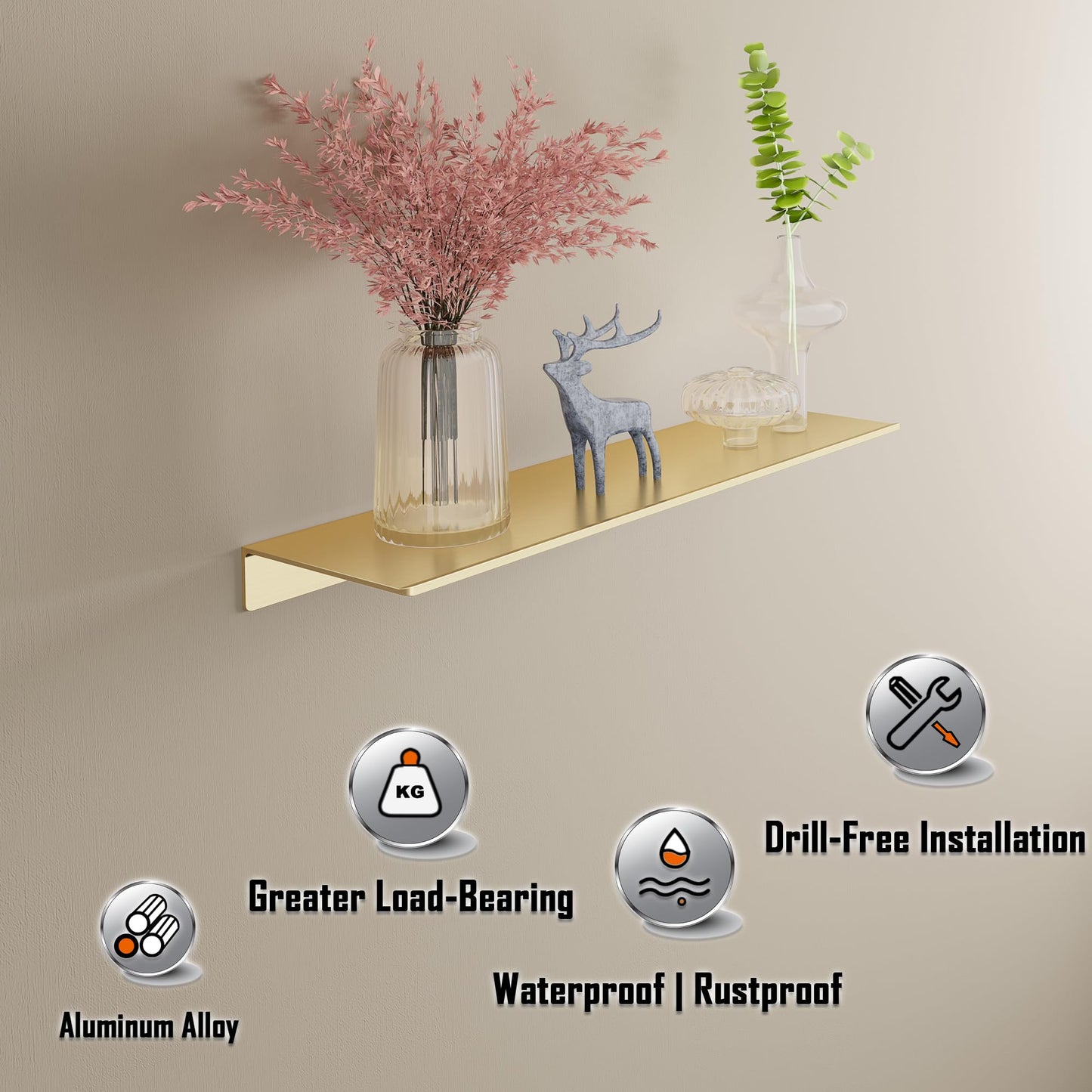 HNVNER Metal Floating Shelves, Set of 2, Brushed Gold Wall Shelves Picture Ledge, Shower Caddy Wall Mounted, Decorative Display Shelf for Bedroom, Living Room, Bathroom, Office