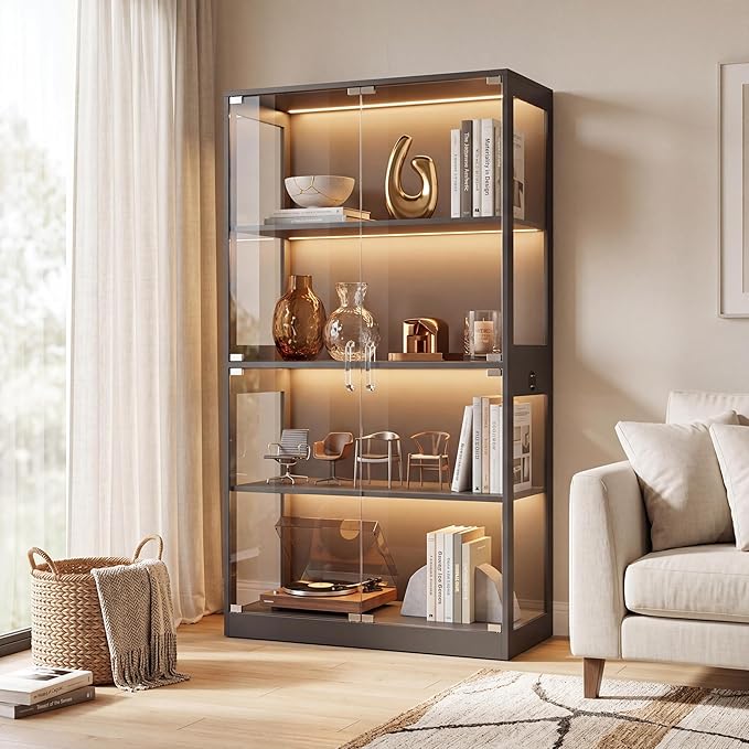 IDEALHOUSE Glass Display Cabinet 4-Tier, Curio Cabinets