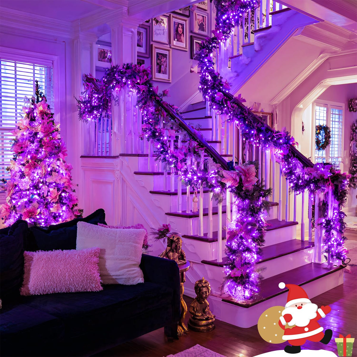 JMEXSUSS Purple Christmas Lights Battery Operated, 2 Pack 100 LED Outdoor Purple String Lights Waterproof, Each 33 FT Christmas Tree Light Indoor for Halloween Decorations Party Porch Garden Decor
