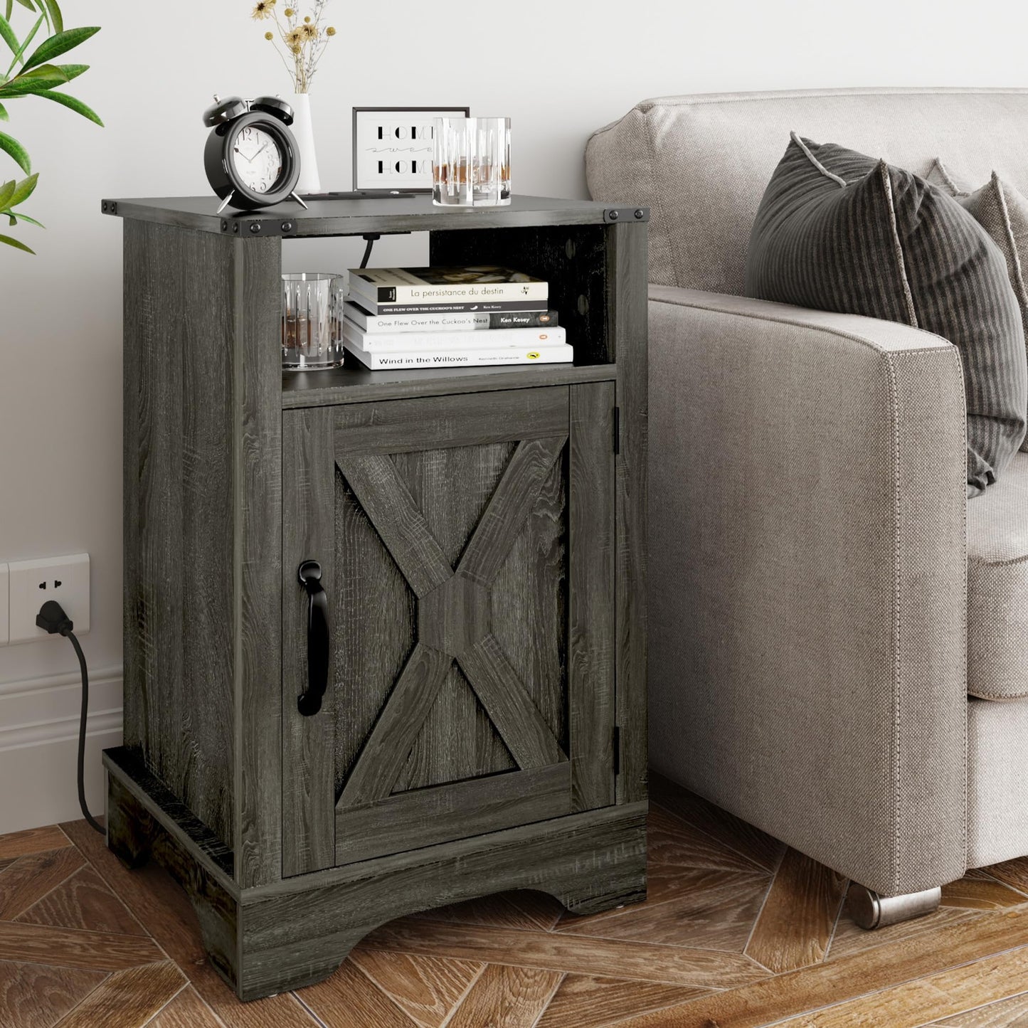 RoyalCraft Farmhouse Nightstand, End Table with Charging Station, Tall Bedside Table with Large Storage Room and Shelf, Wooden Rustic Side Table for Bedroom, Home Office, Dark Grey