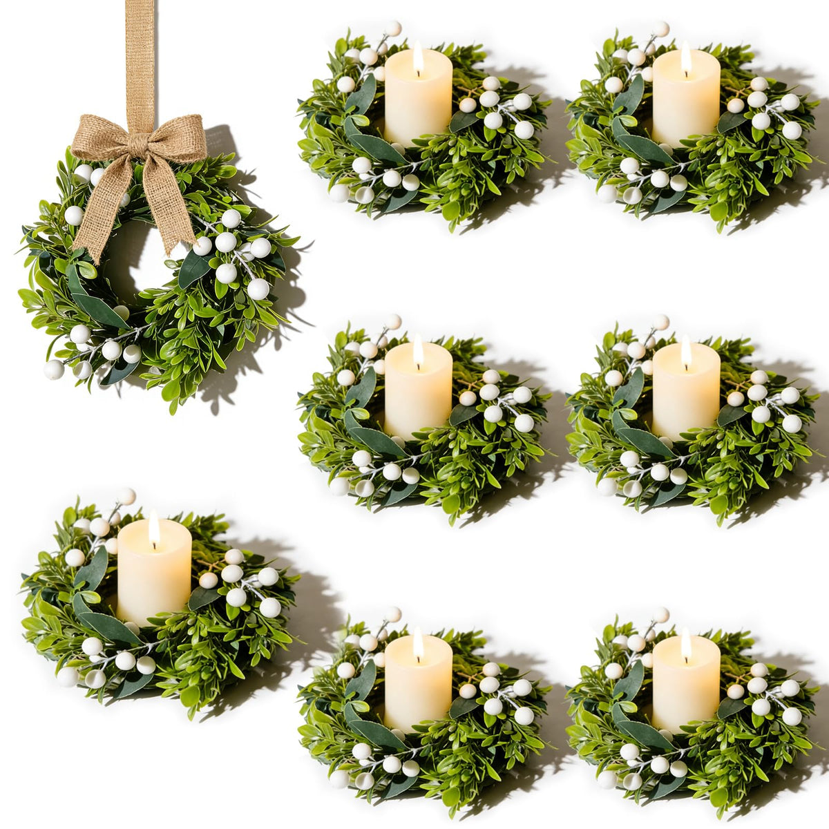 6 Pcs Small Spring Summer Candle Ring Wreaths with Artificial Boxwood Greenery White Berry Branches Mini Pillar Candle Holder Wreath for Home Table Centerpieces Kitchen Wedding Farmhouse Party Decor