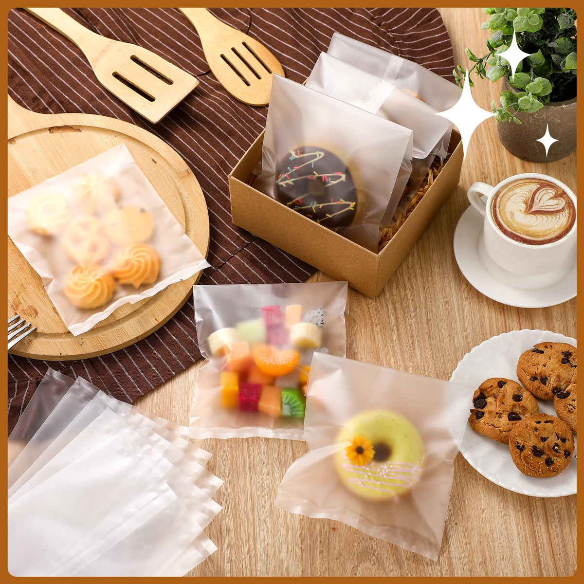 Yexiya 200 Pcs 4" x 6" Matte Frosted Heat Seal Cookie Bags Cellophane Cookie Bags Flat Edge for Treat Chocolate Candy Dessert Snack Packs 4th of July Back to School Wedding Birthday Party Gift Giving
