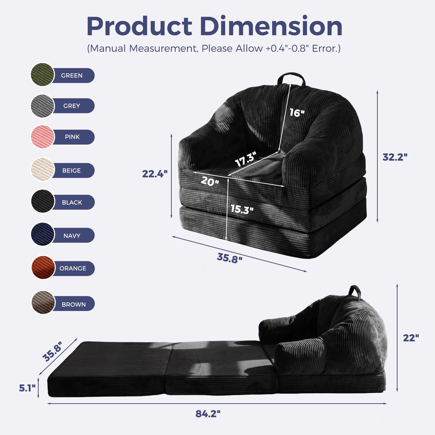 MAXYOYO Folding Sofa Bed with Backrest, Boneless Fold Out Couch Bed with Handle, 2 in 1 Convertible Bean Bag Chair to Floor Sofa Lounger, Comfy Folding Couch for Bedroom & Living Room, Black