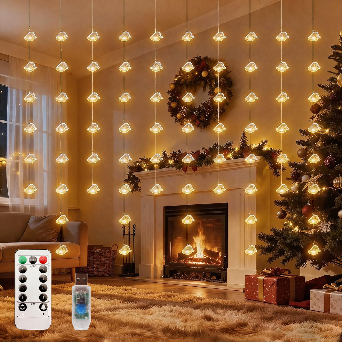 Patioman Santa Hats Curtain Lights, Warm White Window Lights 70 Hanging Light with Remote Fairy Led Twinkle String Lights Home Bedroom Wall Ceiling Décor for Christmas, Wedding, Party, Birthday