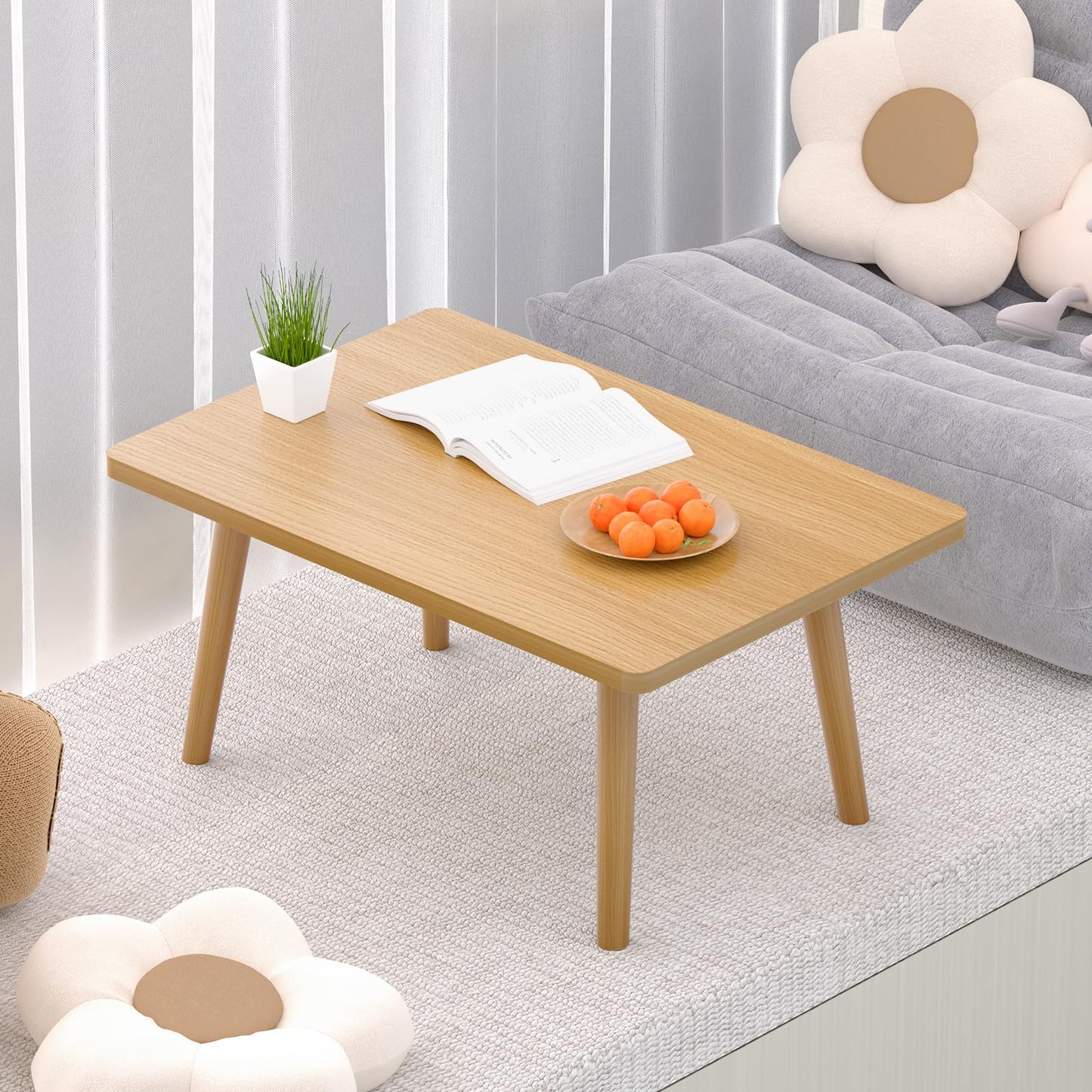 Coffee Table Low Table with 4 Solid Wood Leg, Floor Table Desk for Sitting on The Floor, Small Coffee Table for Small Space, Japanese Side Table for Living Room Apartment Home, Rectangle Brown