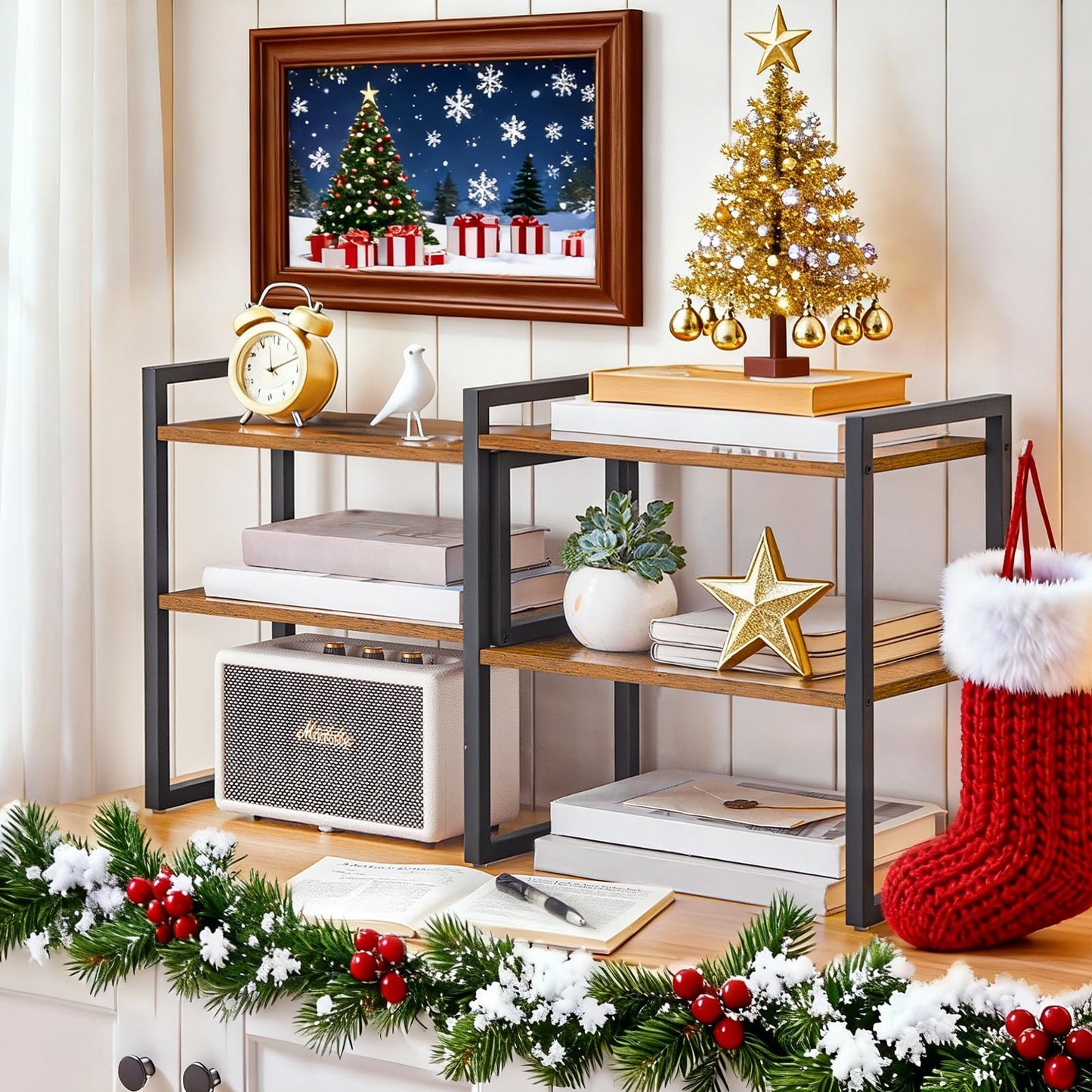 HOOBRO Desk Shelf Organizer, Adjustable Desktop Bookshelf, 2-Tier Shelf for Top of Desk, Wooden Office Storage Rack, for Office, Study, Kitchen, Dorm, Rustic Brown and Black BF39SJ01