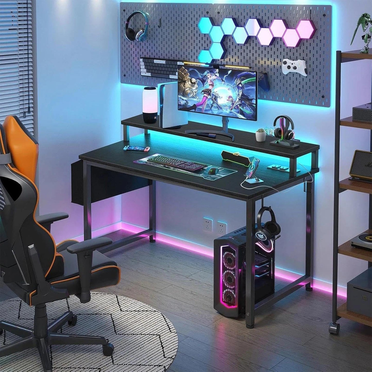 Lufeiya Small Desk with Power Outlets and LED Lights, 32 Inch Teen Writing Study Table Home Office Computer Desks with Monitor Stand, Gaming Desk with Charging Station, Black