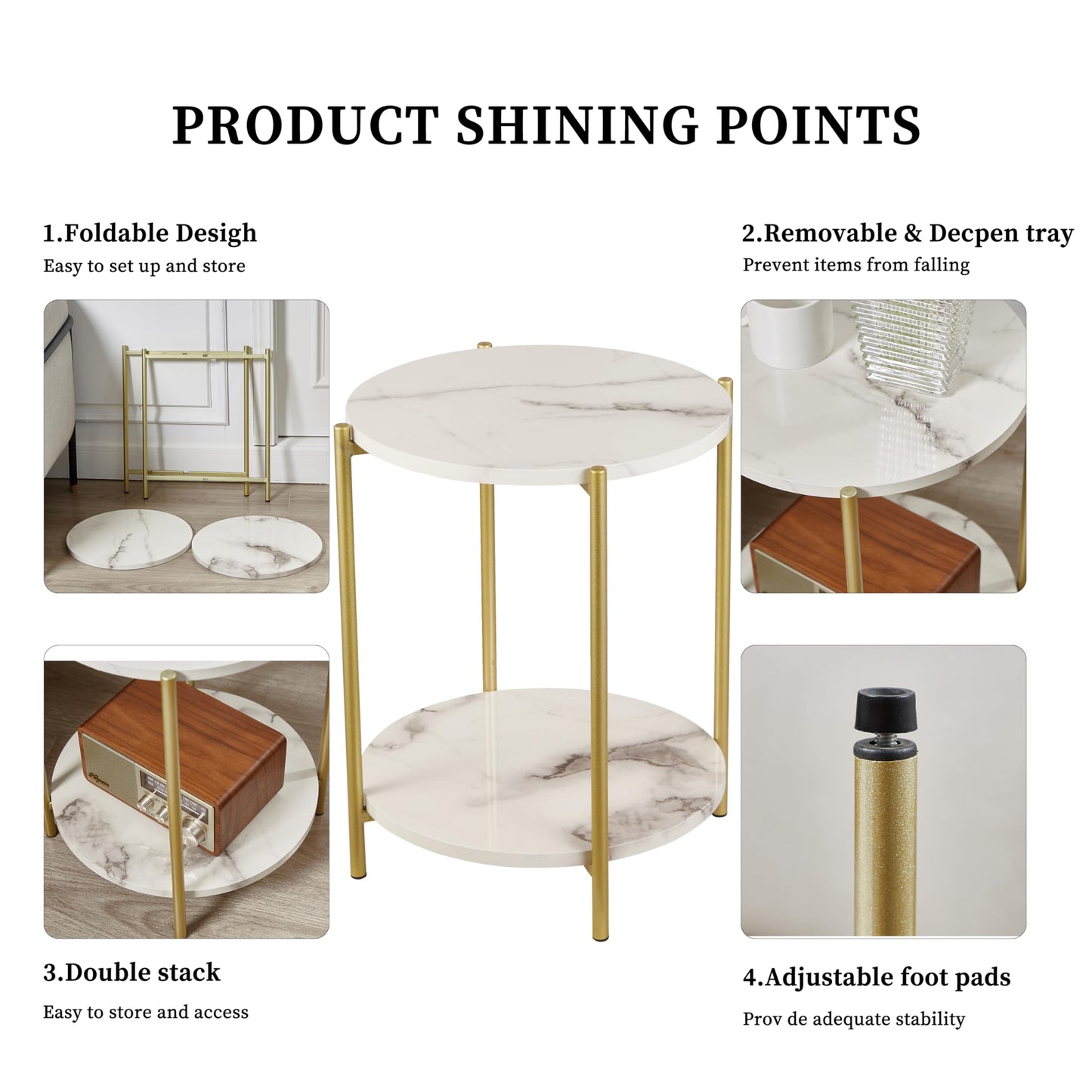 Gawicpy 2 Tier Round Side Table, Folding End Tables Coffee Table Simplistic Sofa Table Waterproof Removable Tray Table Indoor Outdoor Accent Table for Living Room Bedroom (Faux Marble White, 1pcs)