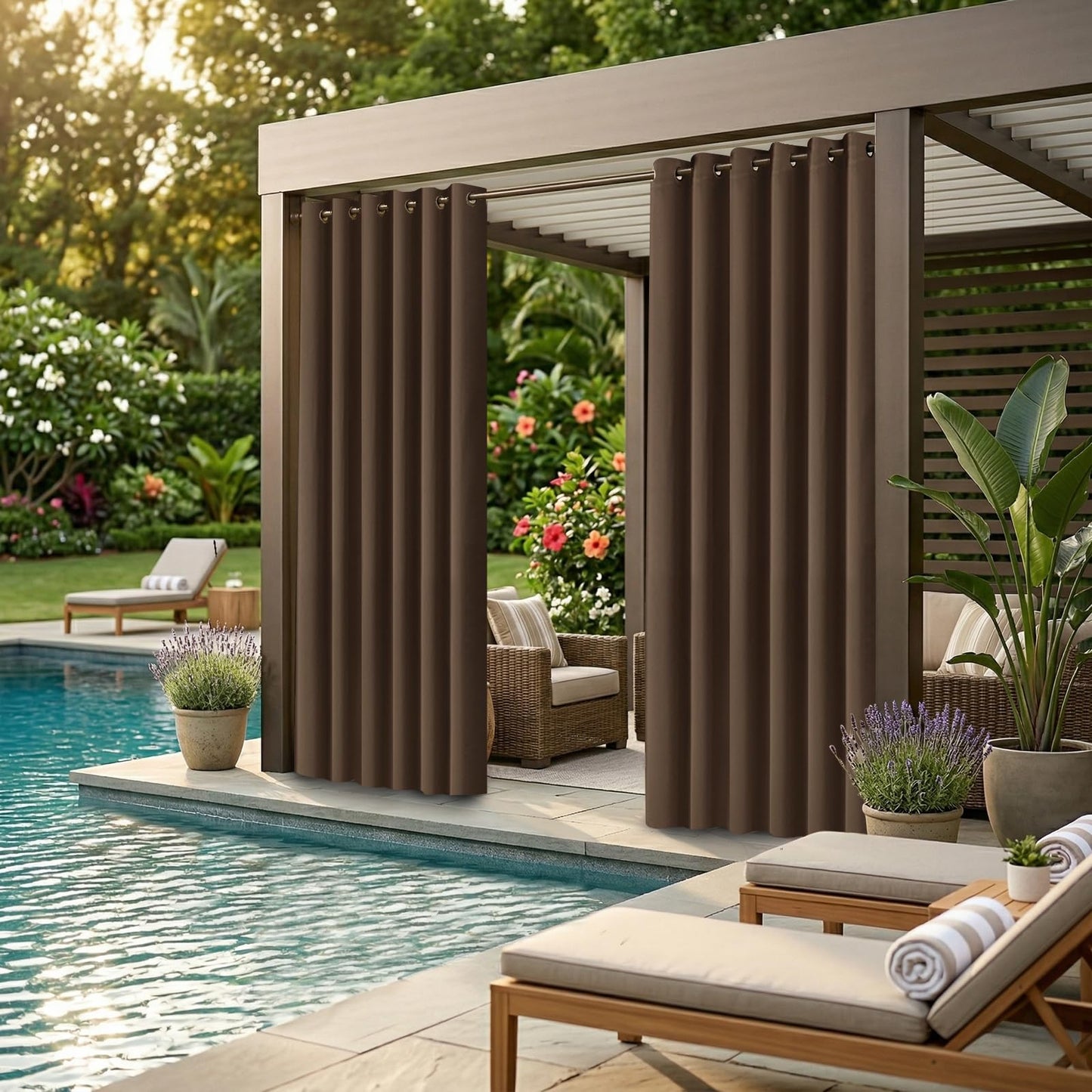 Water Proof Outside Curtains with Grommet Top for Porch, Thermal Insulated Washable Light Block Outdoor Divider Drapes for Patio Gazebo Deck Pool Area Pergola Cabana (W84 x L95, Brown, 2 Panels)