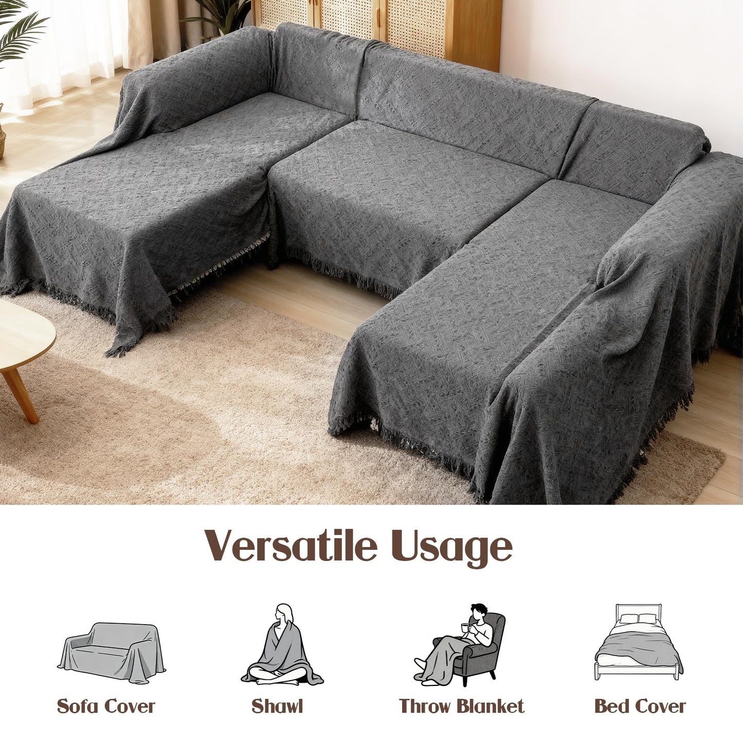 U Shaped Sectional Couch Covers, 3 Pieces Couch Cover for Sectional Sofa, Washable U Shape Sofa Cover Blankets Furniture Protector for Dogs Pets (2PC 110"x63" + 1PC 90"x71", Dark Gray)