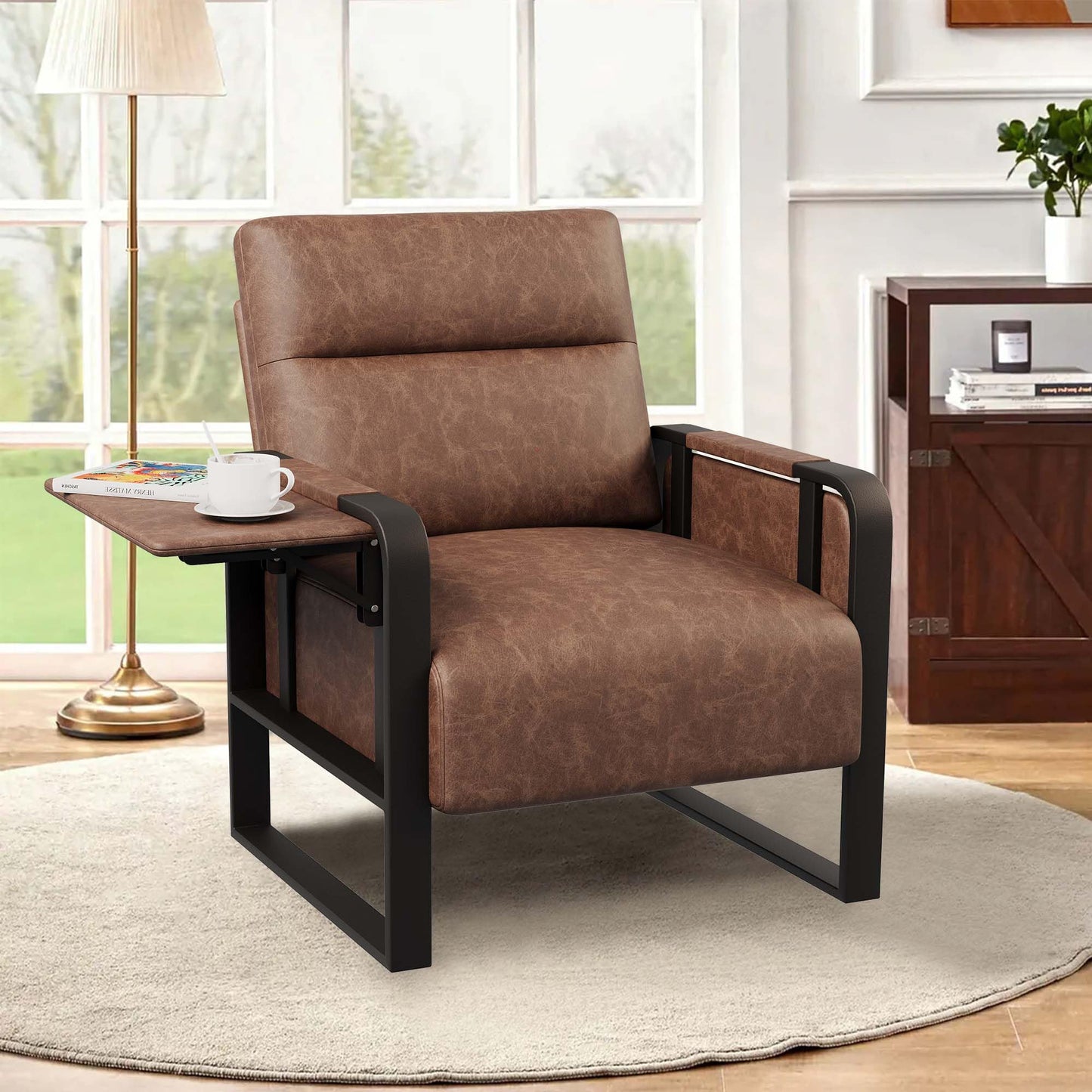 Apeaka PU Leather Accent Chair with Foldable Table, Modern Upholstered Armchair for Living Room Bedroom Office Side Chairs Dark Brown