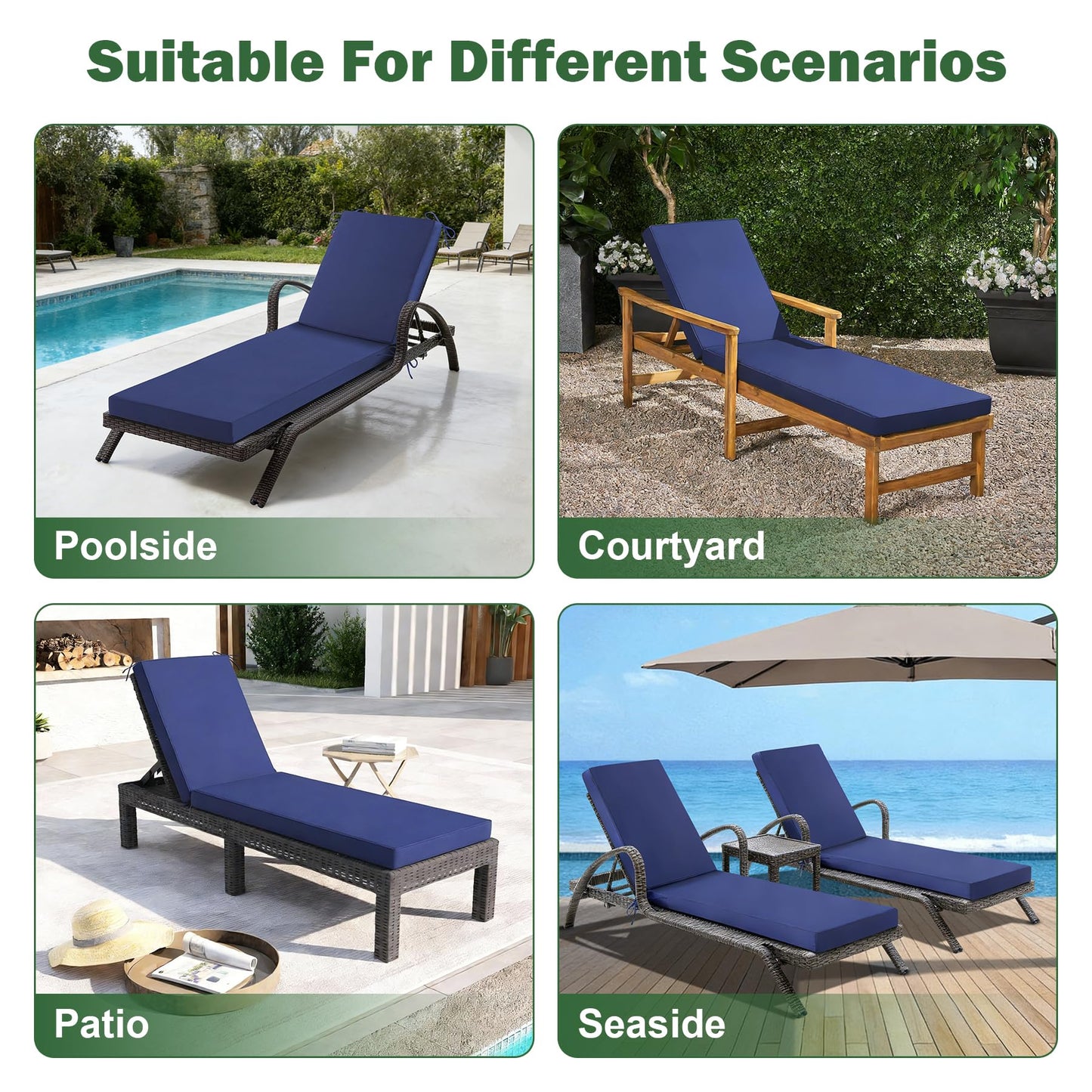 Aegisun Chaise Lounge Cushions Outdoor, 72x 21x 3 Inch Waterproof & Fade-Resistant Lounge Chair Cushion, Outdoor Chaise Cushion with Removable Cover & Ties for Lawn, Patio, Pool & Beach, Navy Blue