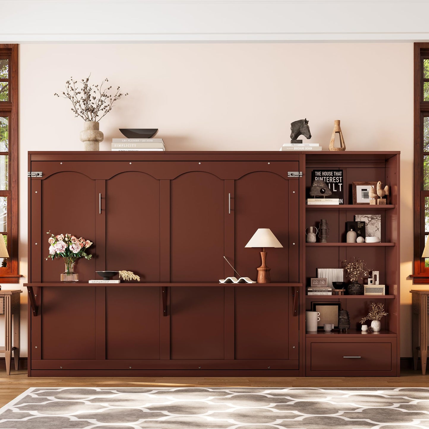 HECATEVIC Queen Size Murphy Bed with Storage, Space-Saving Wall Bed Cabinet with Adjustable Shelves, Foldable Bed Frame with Drawers, Walnut