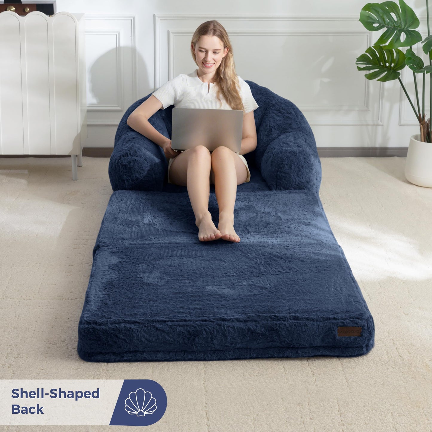 MAXYOYO Folding Sofa Bed, 2 in 1 Convertible Sofa to Lounger Comfy Single Bean Bag Chair for Adults, Floor Couch with Handle, Faux Fur Couch Bed for Living Room Bedroom, Navy