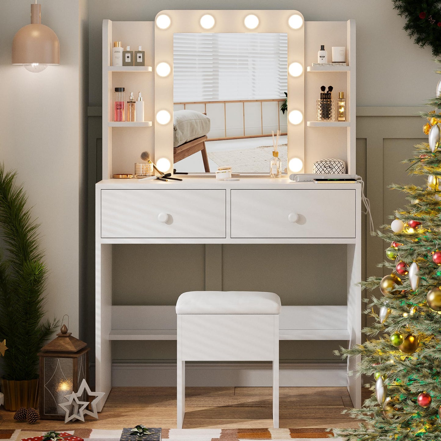 Haewon White Vanity Desk with Mirror and Lights, Makeup Vanity with 10 LED Bulbs and 3 Color Modes, Dressing Table Set with Power Outlets, Storage Drawers and Chair for Bedroom