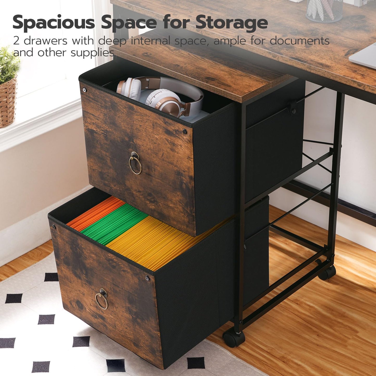 HOOBRO 2-Drawer Mobile File Cabinet, Computer Desk, Home Office Desk with Power Outlet, for Study Room, Home Office, Sturdy and Stable, Easy to Assemble, Rustic Brown BF20WJ01-BF40UDN01