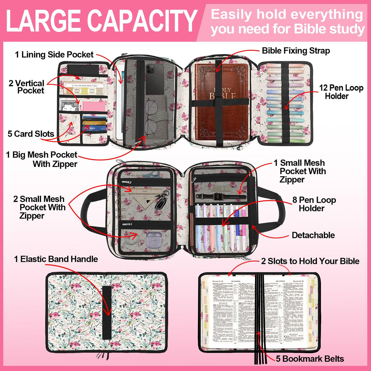 IBOVODI Pink Floral Bible Cover Case for Women, Cute Flower Large Bible Bag Book Carrying Bag with Strap Handle Zipper Pockets, Pens and Highlighters Cross Clips for Bible Study & Church