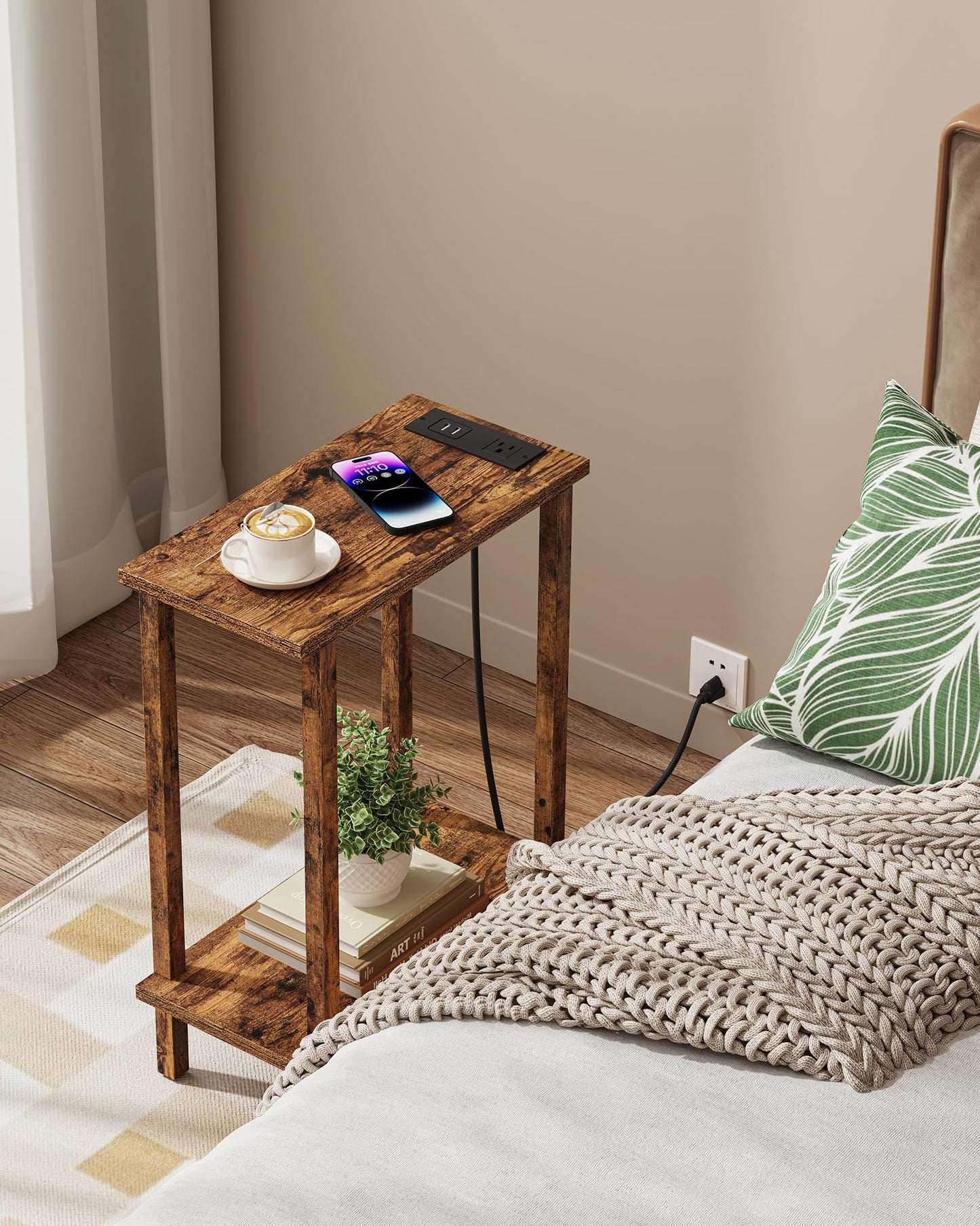TUTOTAK Small End Table with Charging Station, Narrow Side Table with USB Ports and Outlets, Skinny Sofa Table, Slim Nightstand, Living Room, Bed Room, Pure Brown TB01BB060C