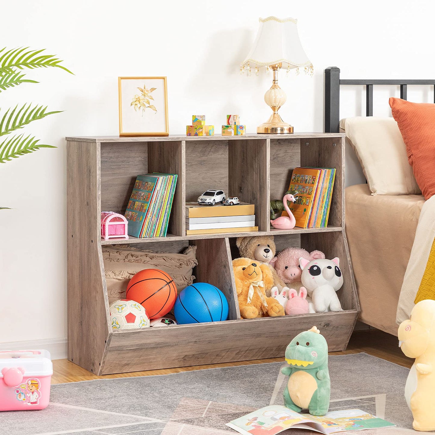 HOOBRO Kids Bookshelf, Bookcase Footboard, Toy Storage Cubby, Children's Toy Shelf, 35.4" L Toy Storage Cabinet, Fit for Children's Room, Playroom, Hallway, Kindergarten, Greige BG32CW01