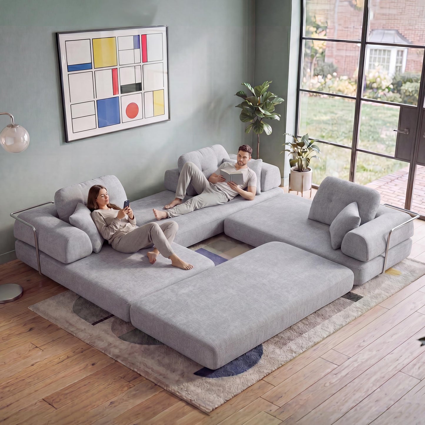 YasuSoofa Boneless Sectional Couch with Chaise, Convertible L-Shape Floor Sleeper with High Headrest, Modular Sofa Bed for Living Room Apartment, No Assembly, Beige