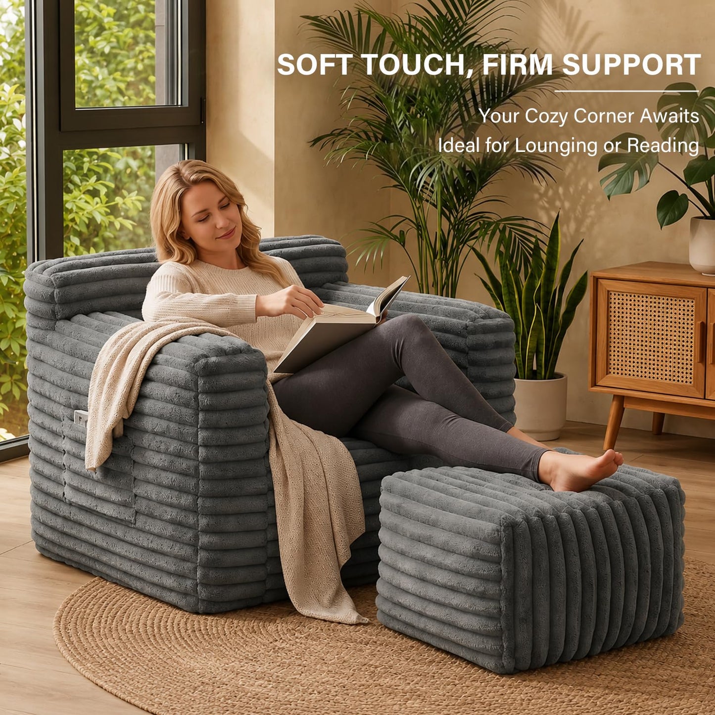 Tiita Bean Bag Chair with Footrest for Adults, Foam Lounge Chair with Back Support and Armrests, Soft Corduroy Cover, Removable Washable Sofa Chair for Reading, Gaming, Dark Grey