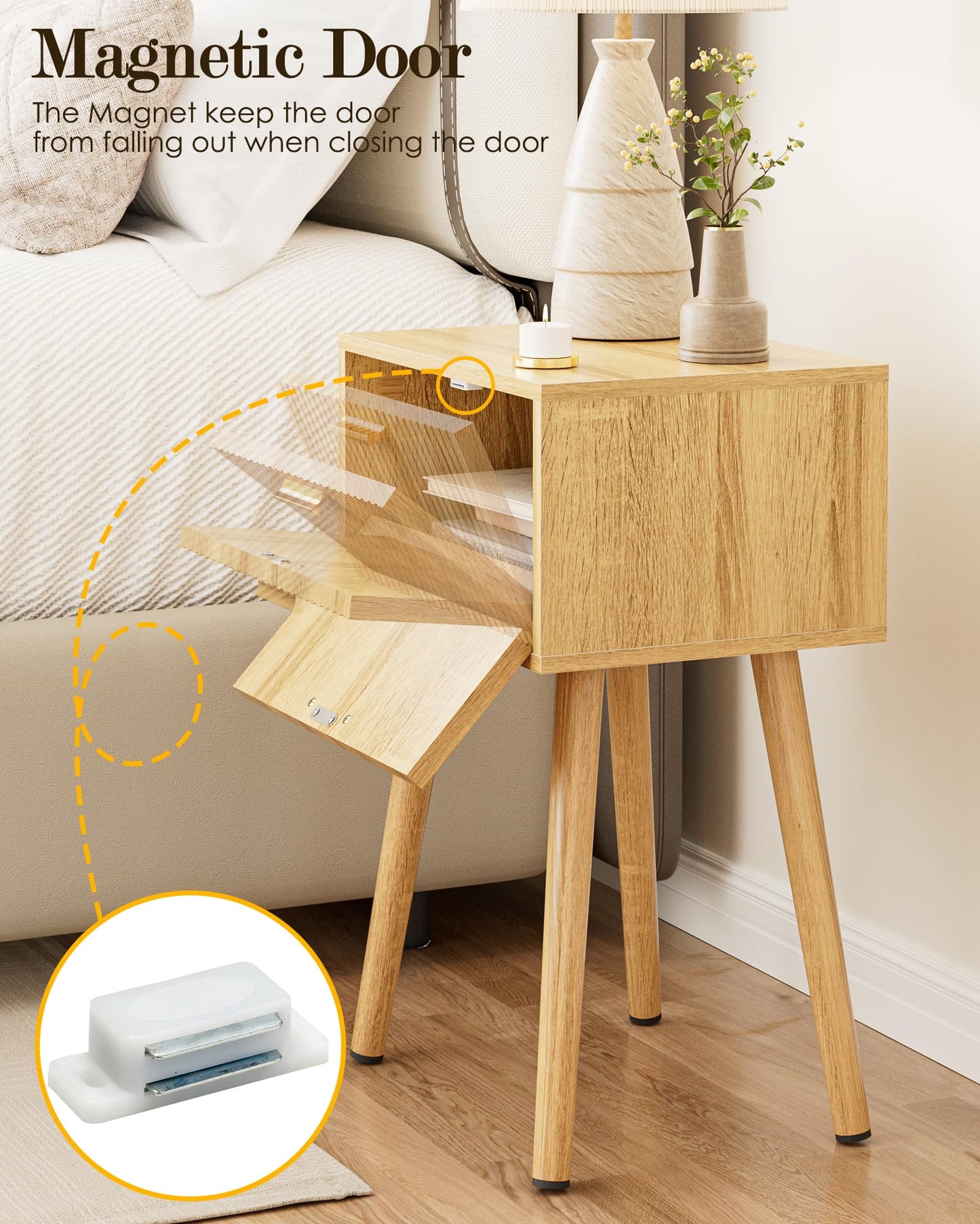 ASACESCU Night Stand, Oak Nightstand with Fluted Door, Small Modern Mid-Century Bedside Table for Bedroom, End Table for Living Room