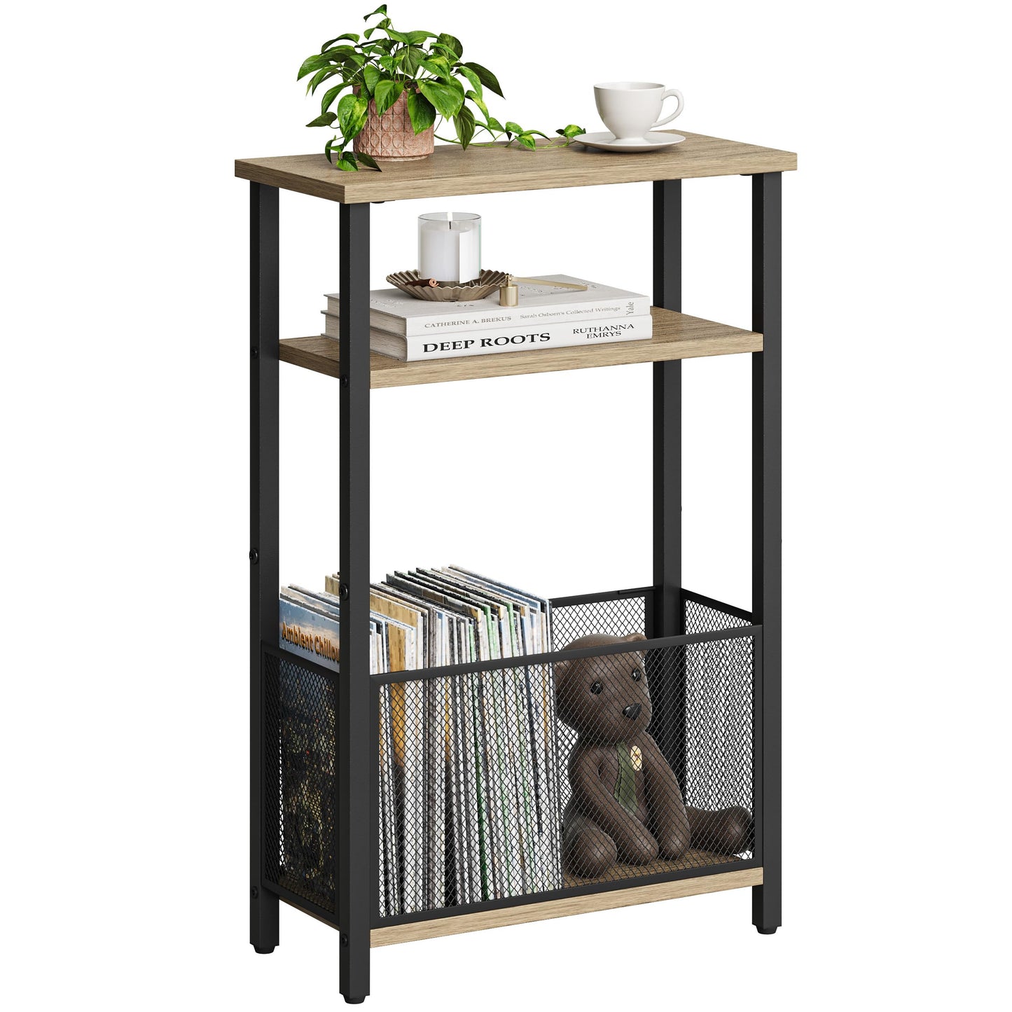 MMEOLUOOK Narrow Side Table with Storage Basket Skinny End Tables for Smalls Spaces 3 Tier Sofa Table Small Nightstand Slim Bedside Table for Living Room Bedroom Greige MLBZ22GR