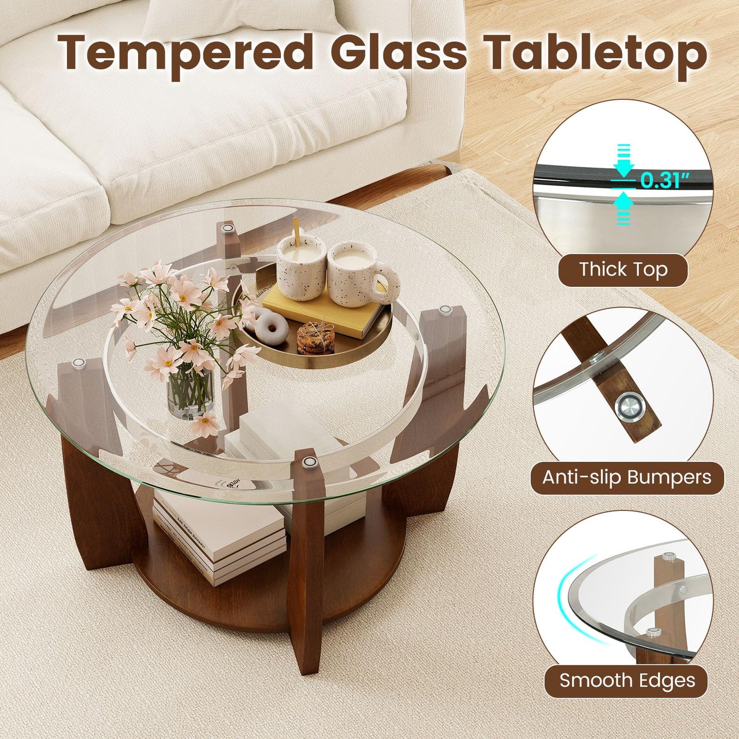 Giantex Round Glass Coffee Table, 32" Rolling Center Tables with Wheels, 2-Tier Cocktail Tea Table with Storage Shelf, Solid Rubber Wood Legs, Tempered Glass Top, Modern Living Room Tables (Walnut)